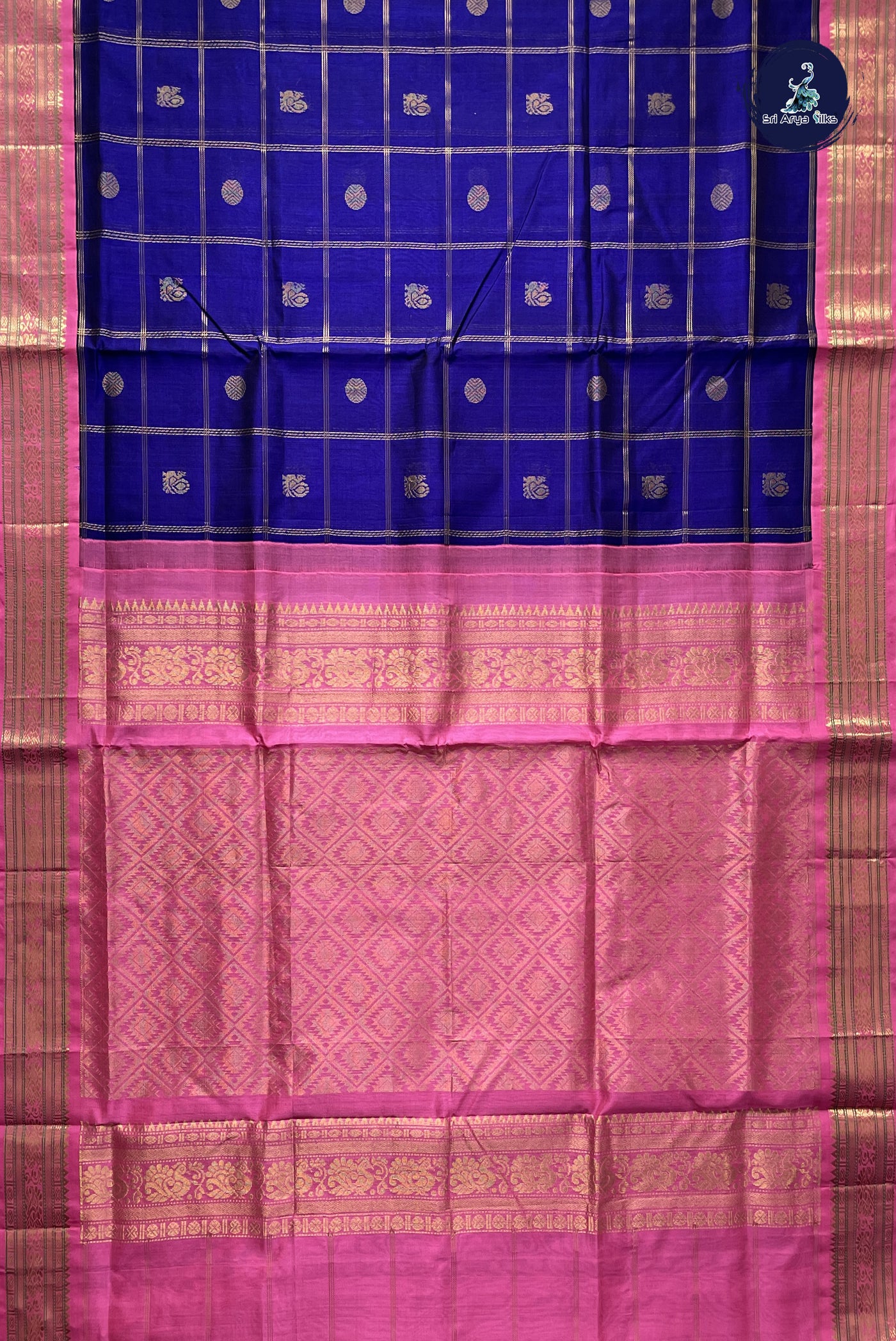 Violet Korvai Silk Cotton Saree With Zari Checked Pattern