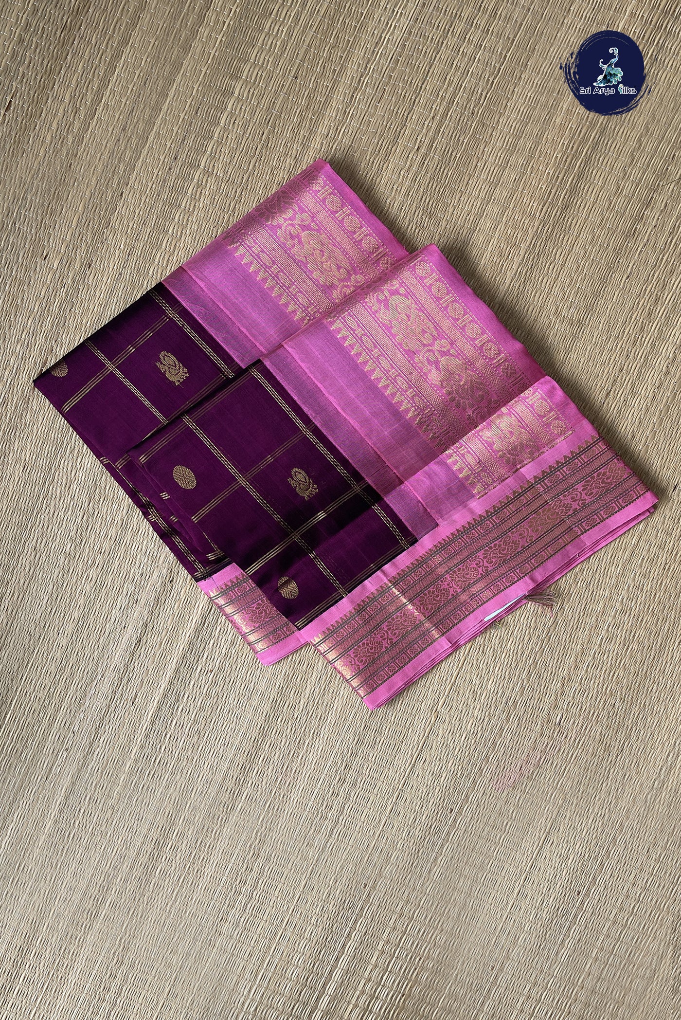 Dark Plum Korvai Silk Cotton Saree With Zari Checked Pattern