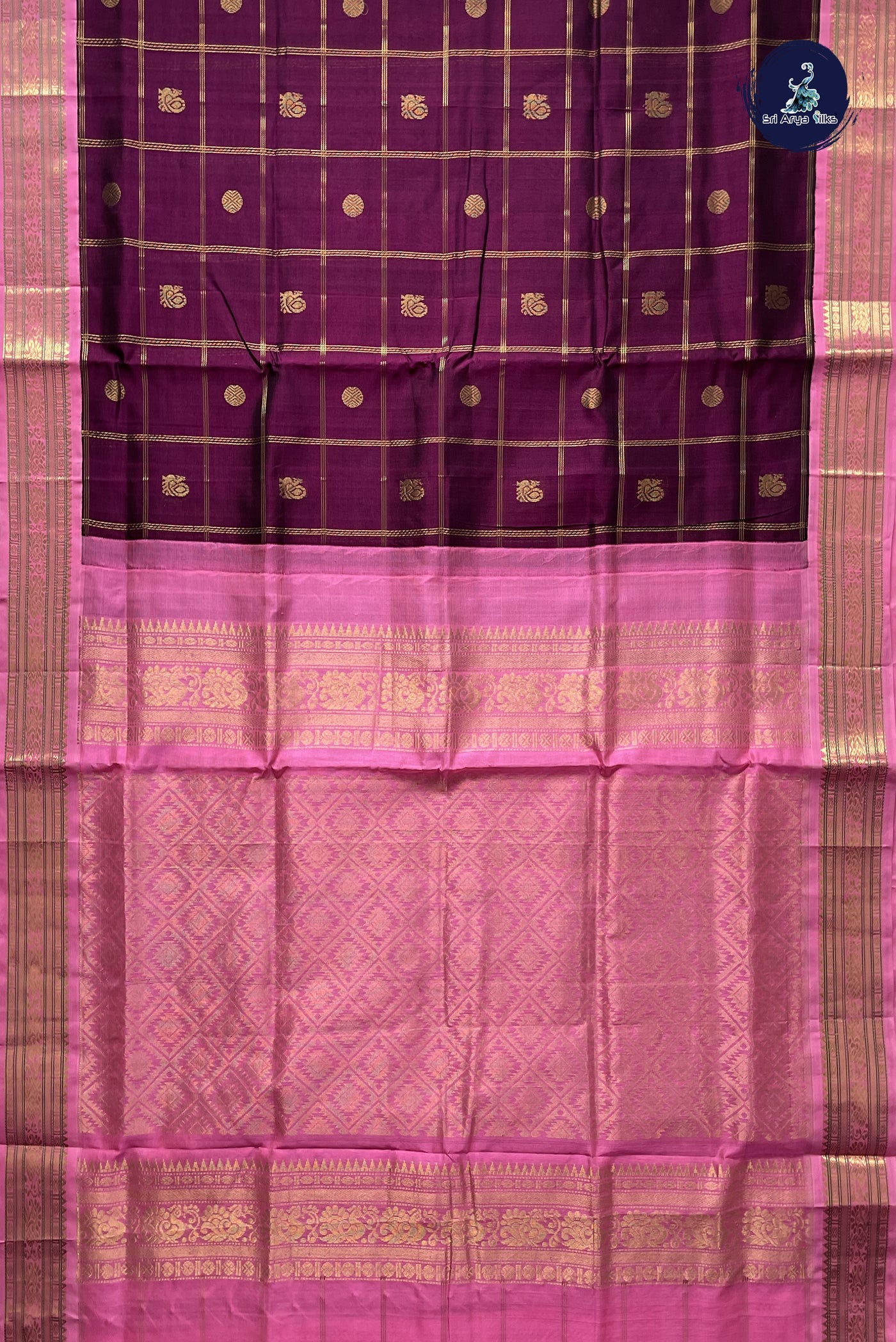 Dark Plum Korvai Silk Cotton Saree With Zari Checked Pattern