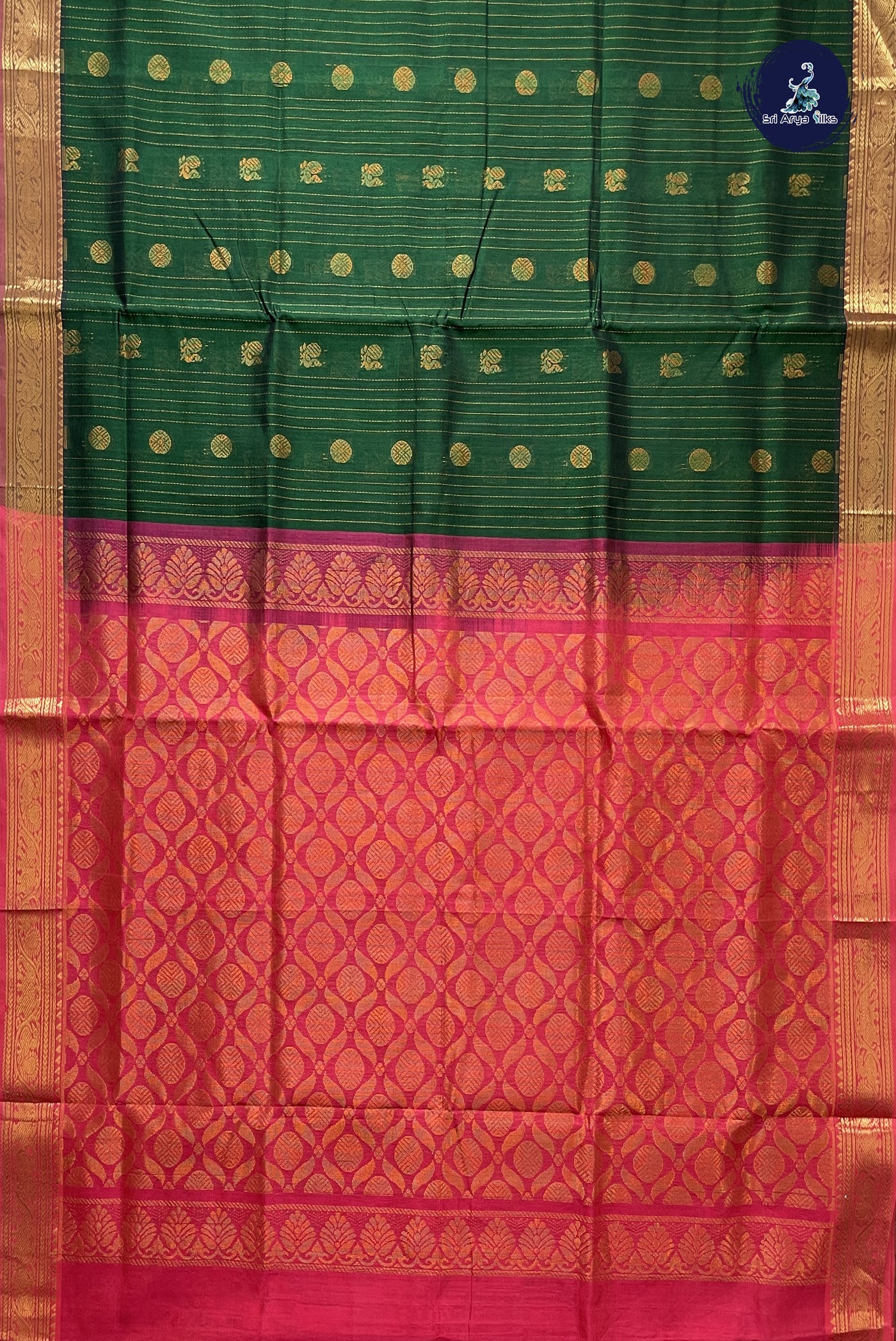 Green Bridal Silk Cotton Saree With Stripes Pattern