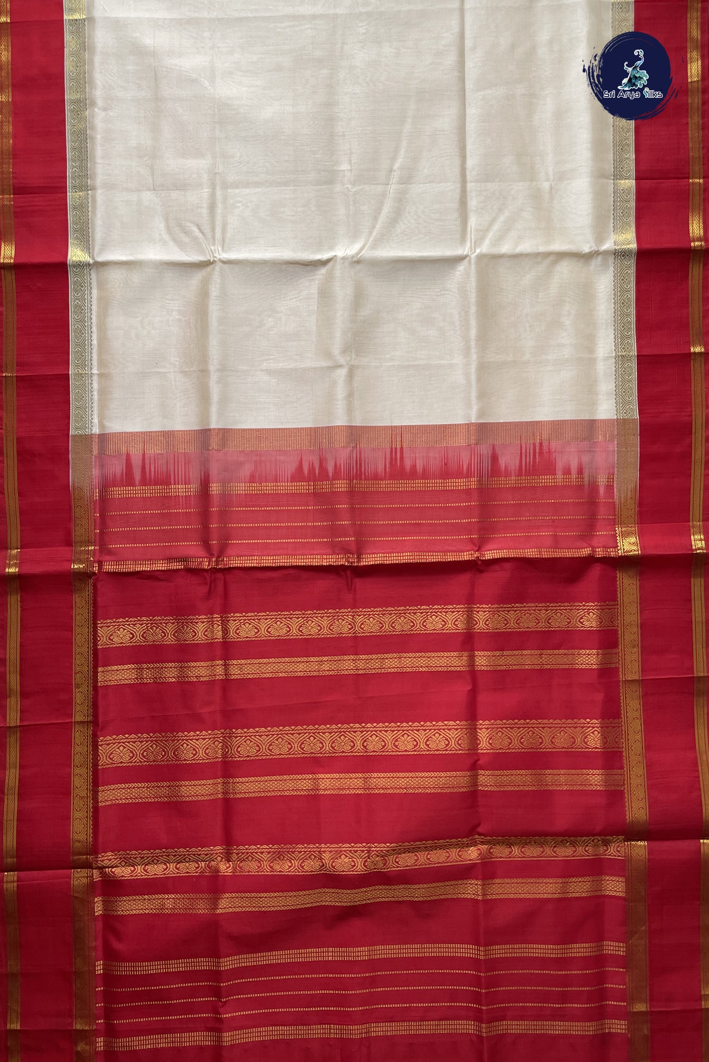 Off White Korvai Silk Cotton Saree With Plain Pattern