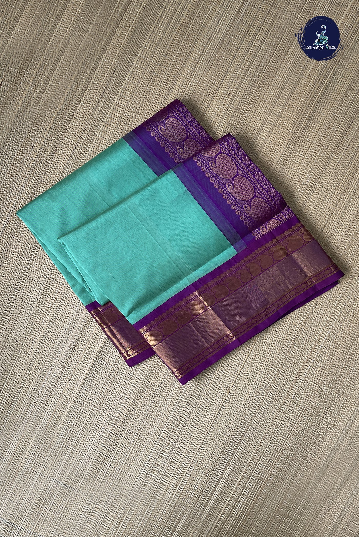 Sea Green Korvai Silk Cotton Saree With Plain Pattern