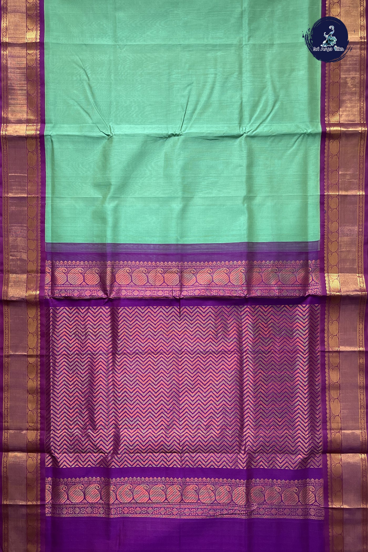 Sea Green Korvai Silk Cotton Saree With Plain Pattern