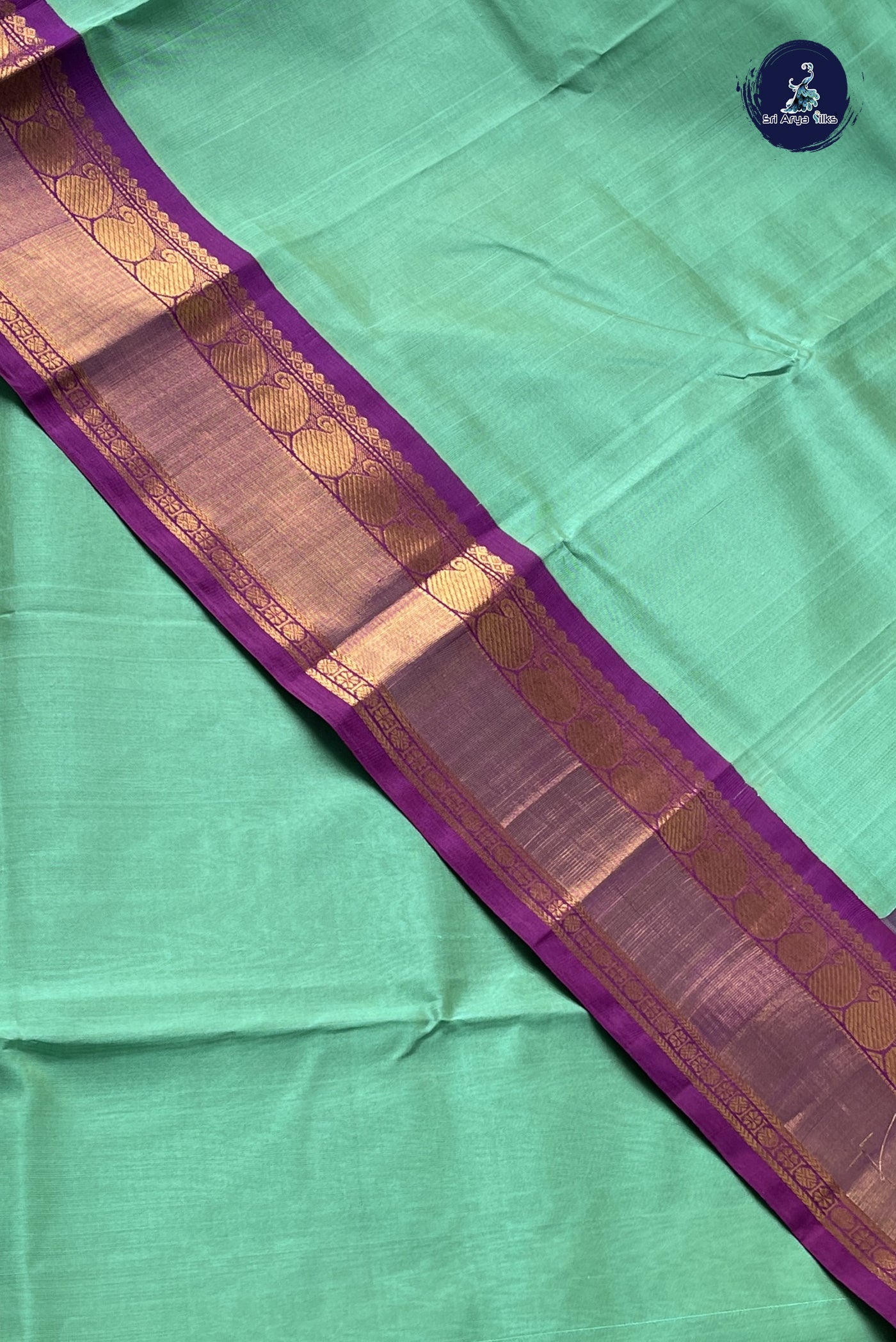 Sea Green Korvai Silk Cotton Saree With Plain Pattern