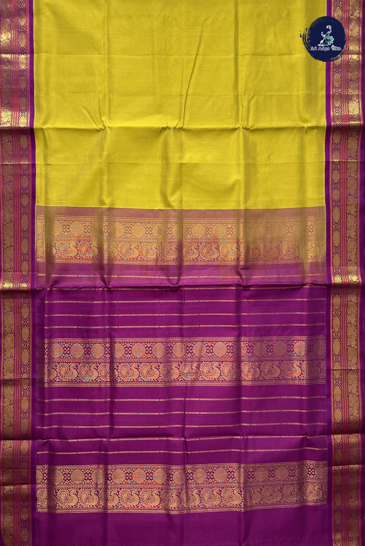 Mustard Yellow Korvai Silk Cotton Saree With Plain Pattern