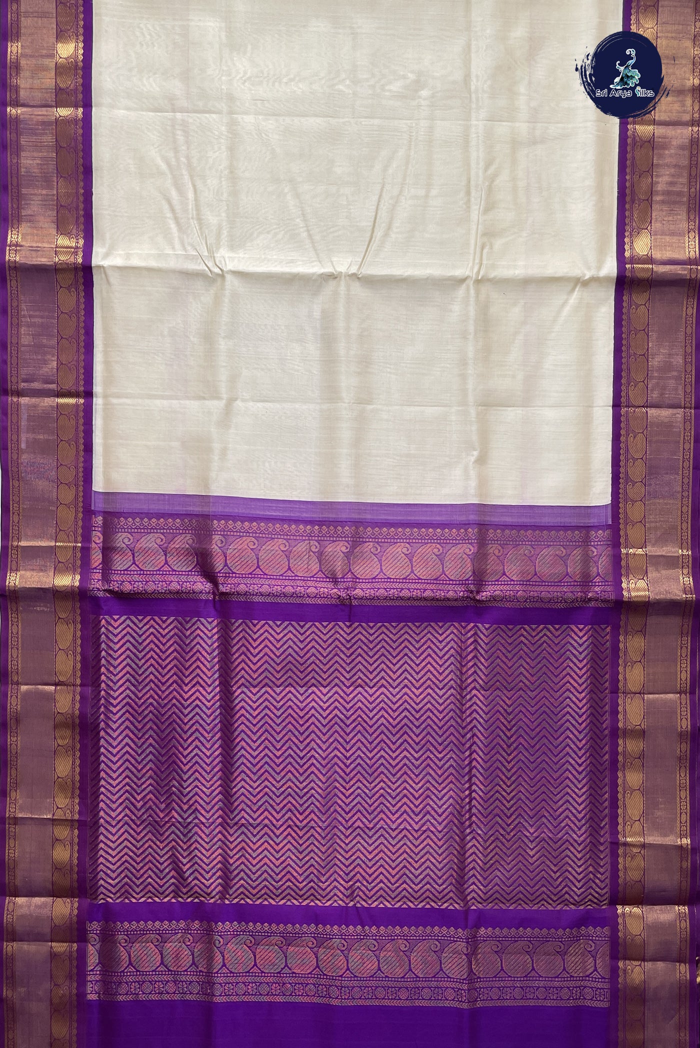 Off White Korvai Silk Cotton Saree With Plain Pattern