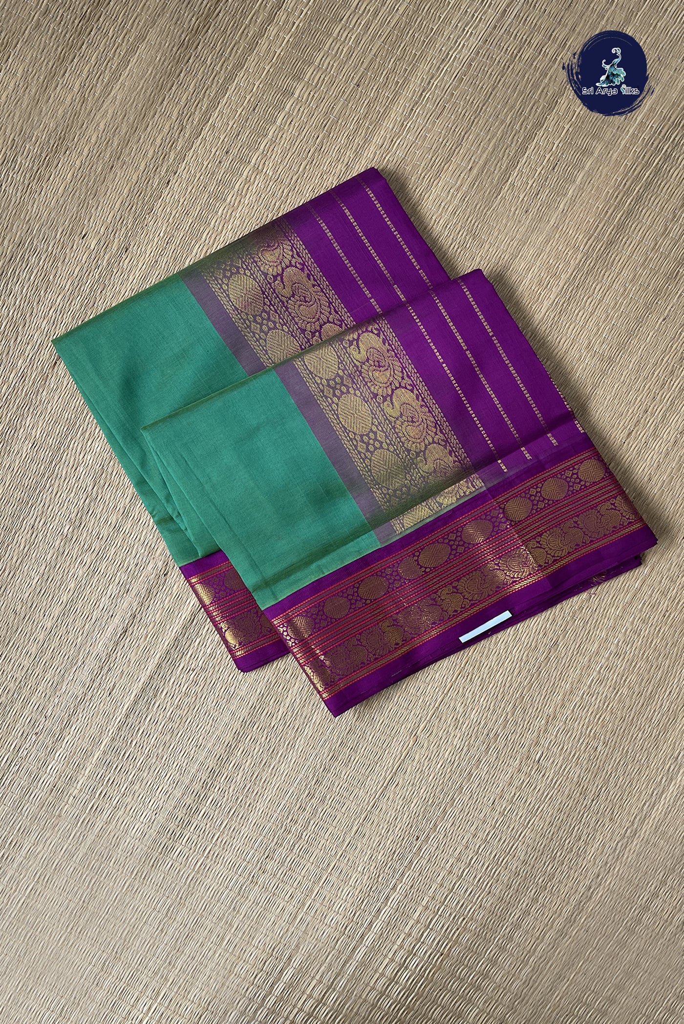 Teal Korvai Silk Cotton Saree With Plain Pattern