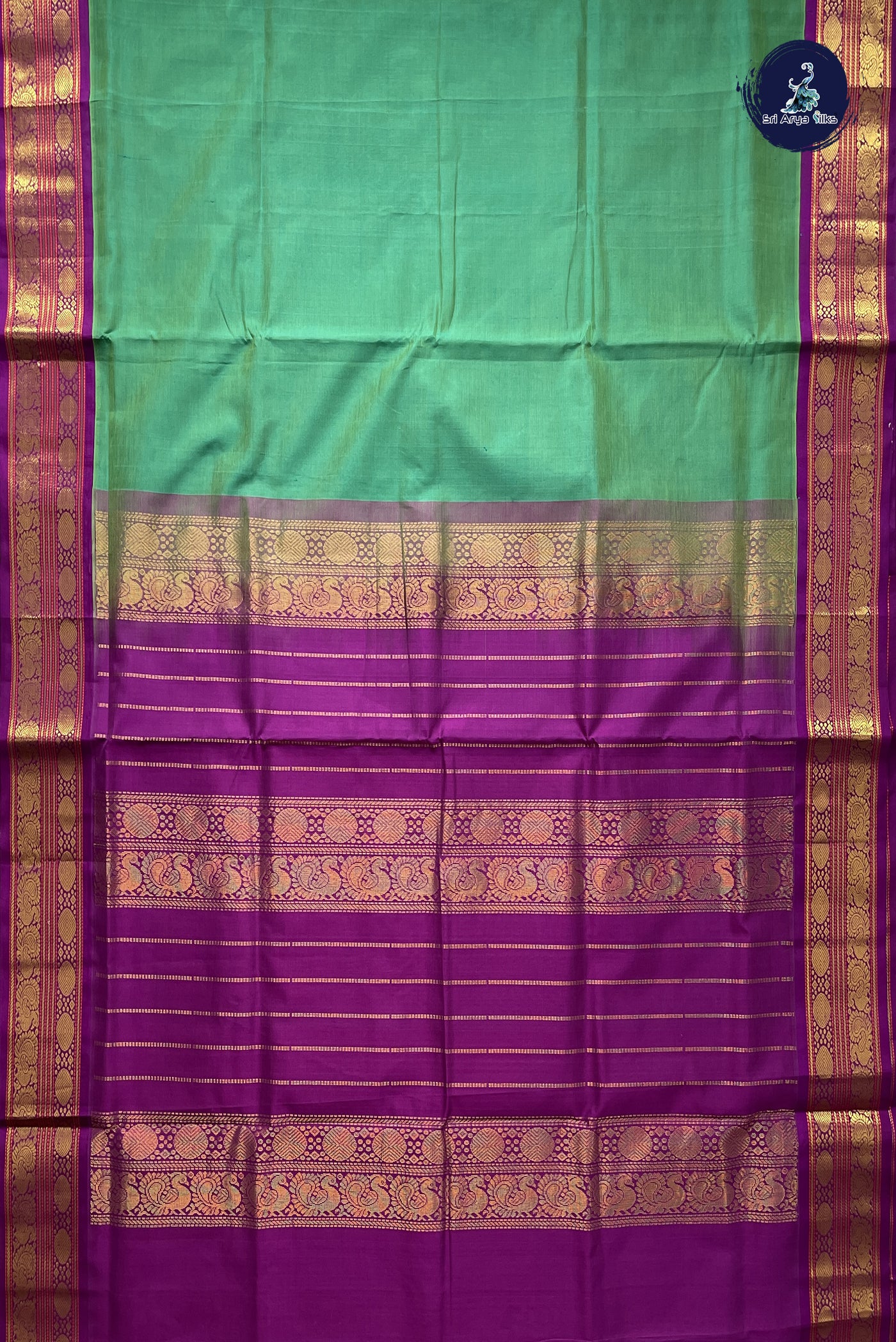 Teal Korvai Silk Cotton Saree With Plain Pattern