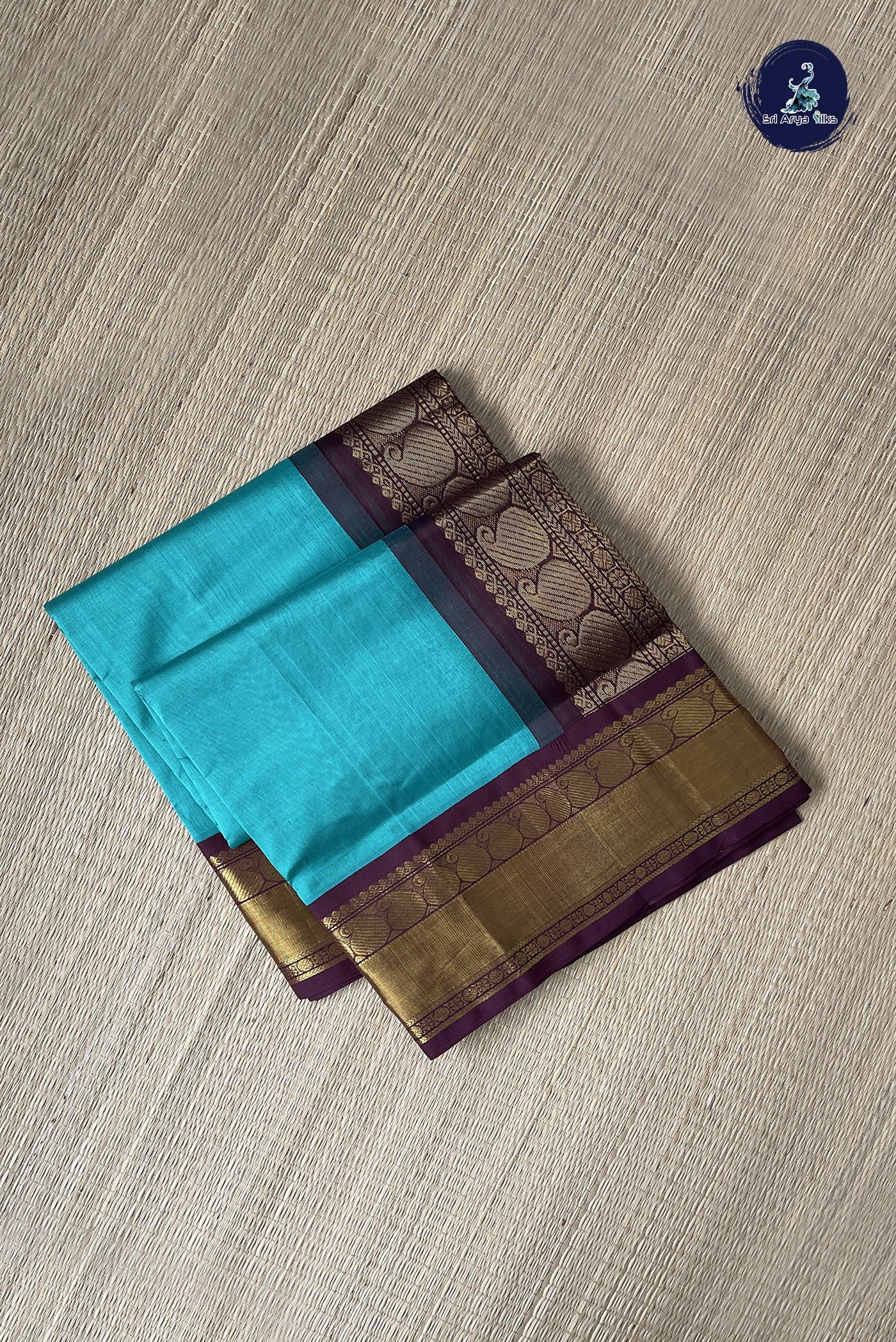 Turquoise Korvai Silk Cotton Saree With Plain Pattern