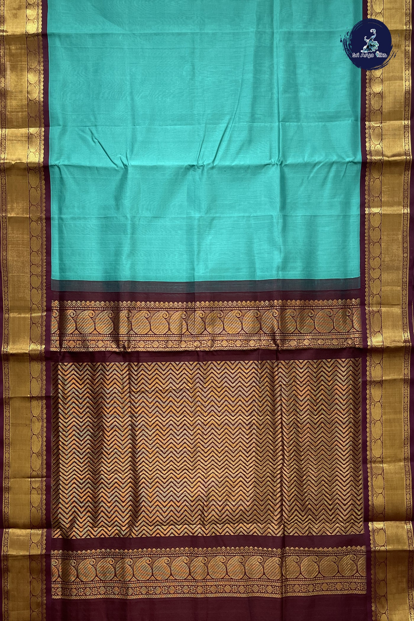 Turquoise Korvai Silk Cotton Saree With Plain Pattern