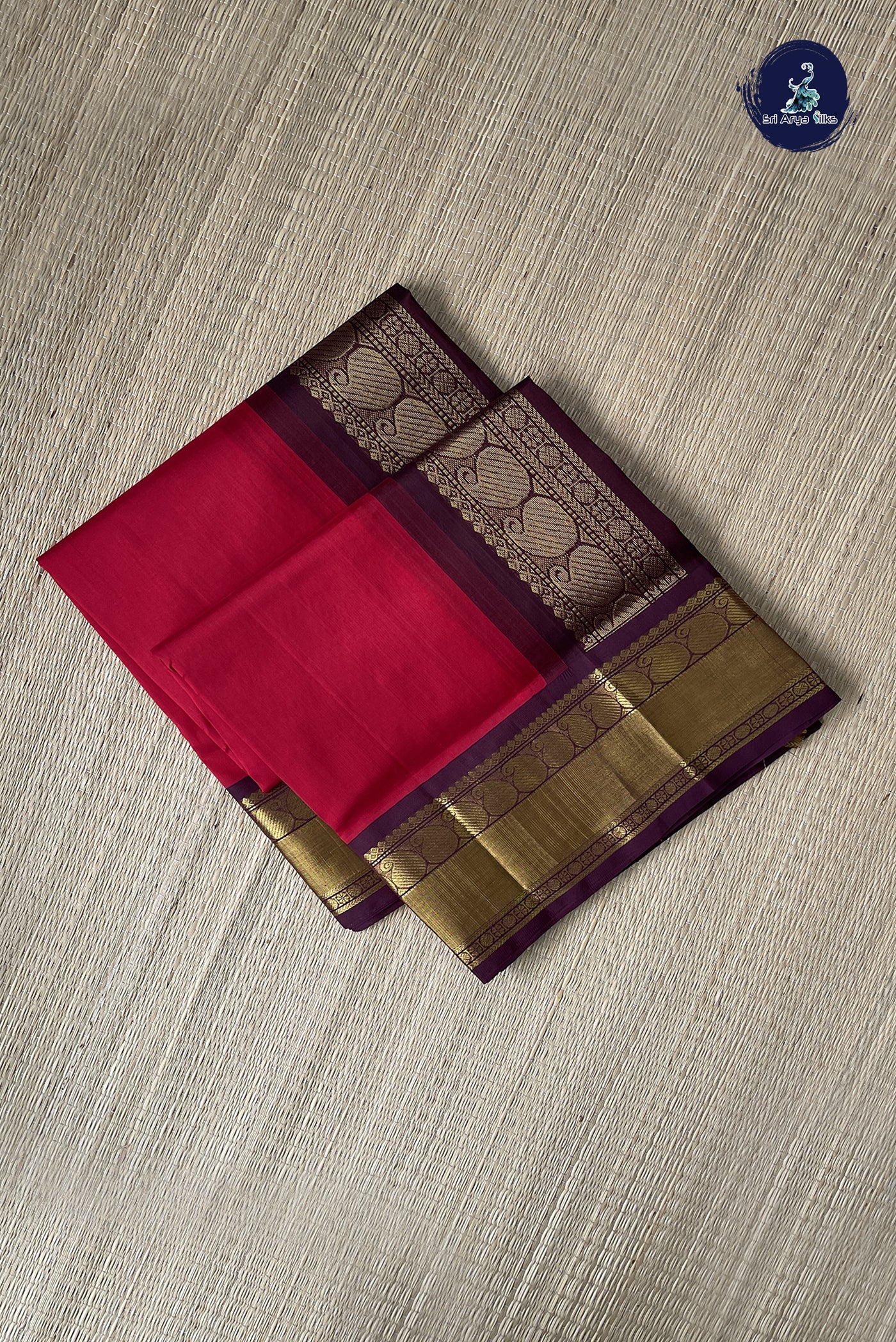 Red Korvai Silk Cotton Saree With Plain Pattern