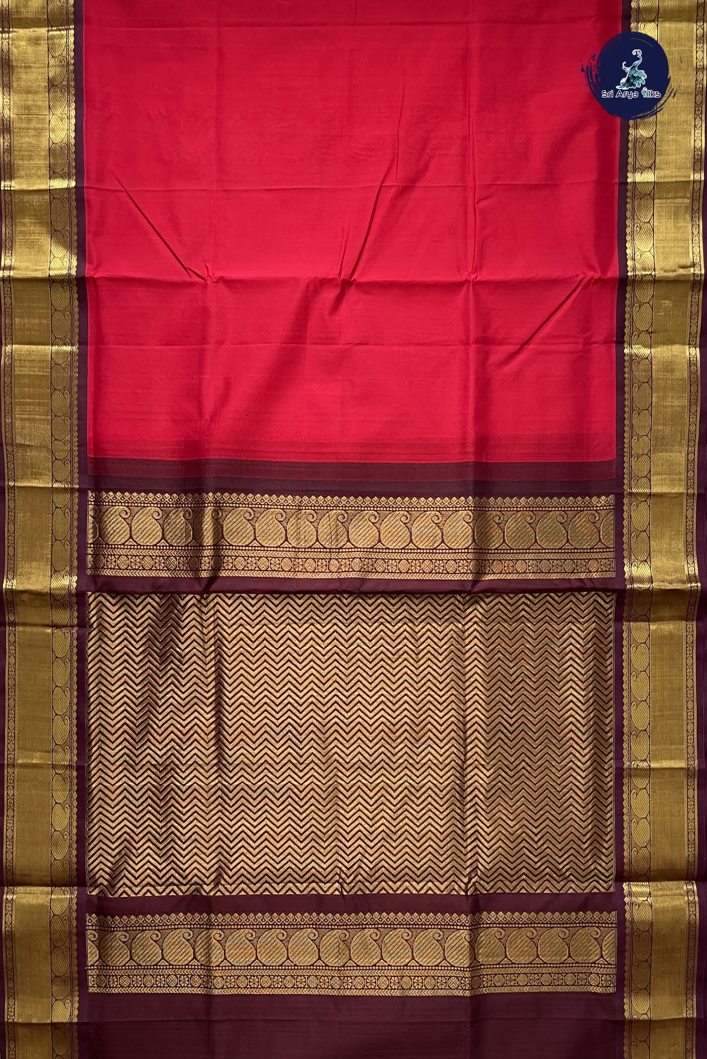 Red Korvai Silk Cotton Saree With Plain Pattern