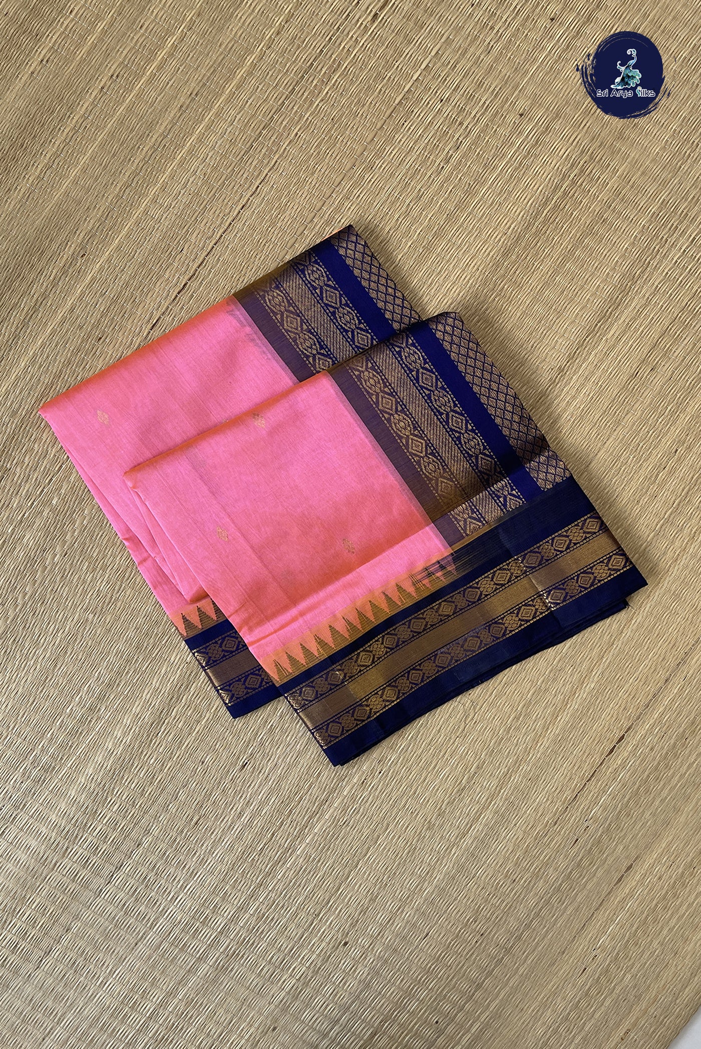 Pinkish Orange Korvai Silk Cotton Saree With Zari Buttas Pattern