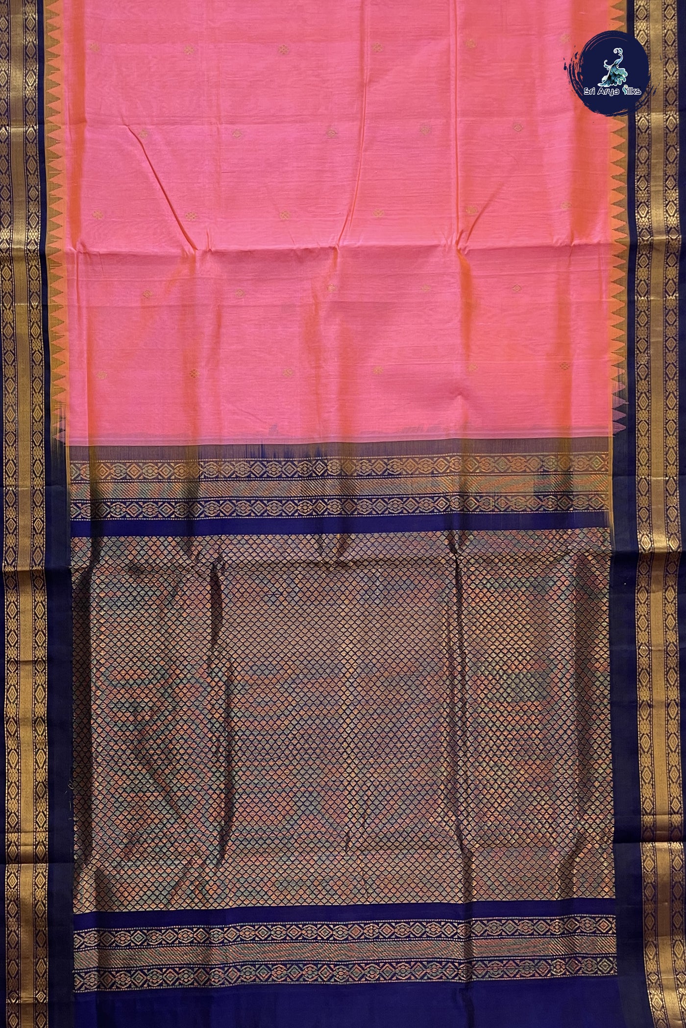 Pinkish Orange Korvai Silk Cotton Saree With Zari Buttas Pattern