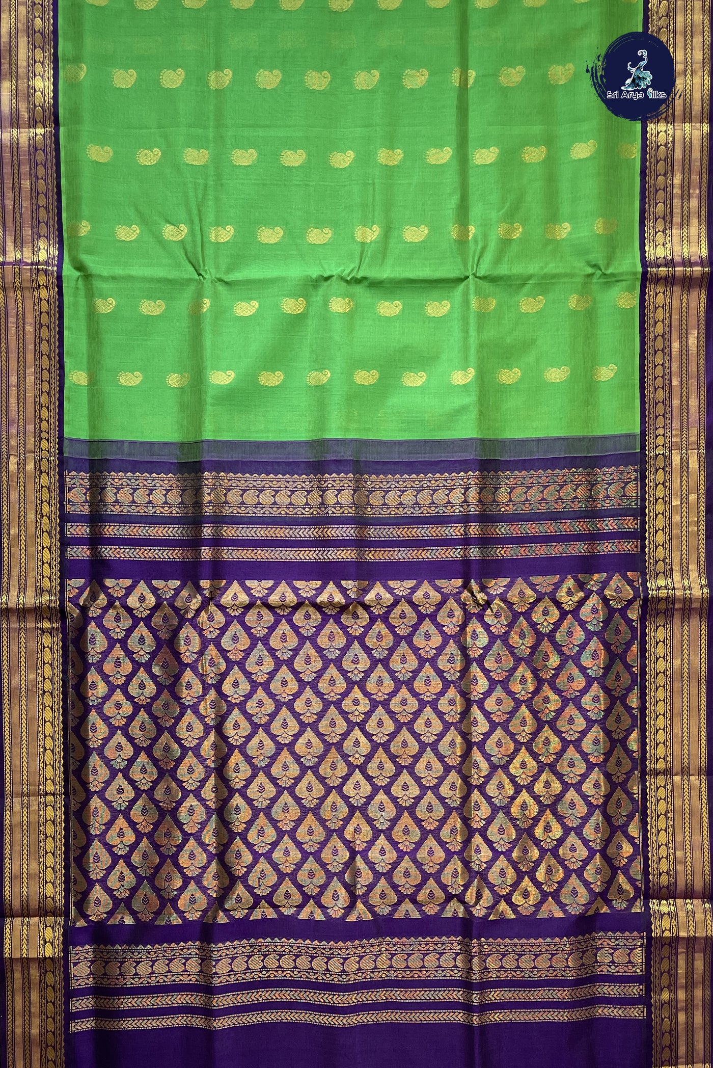 Green Korvai Silk Cotton Saree With Zari Buttas Pattern