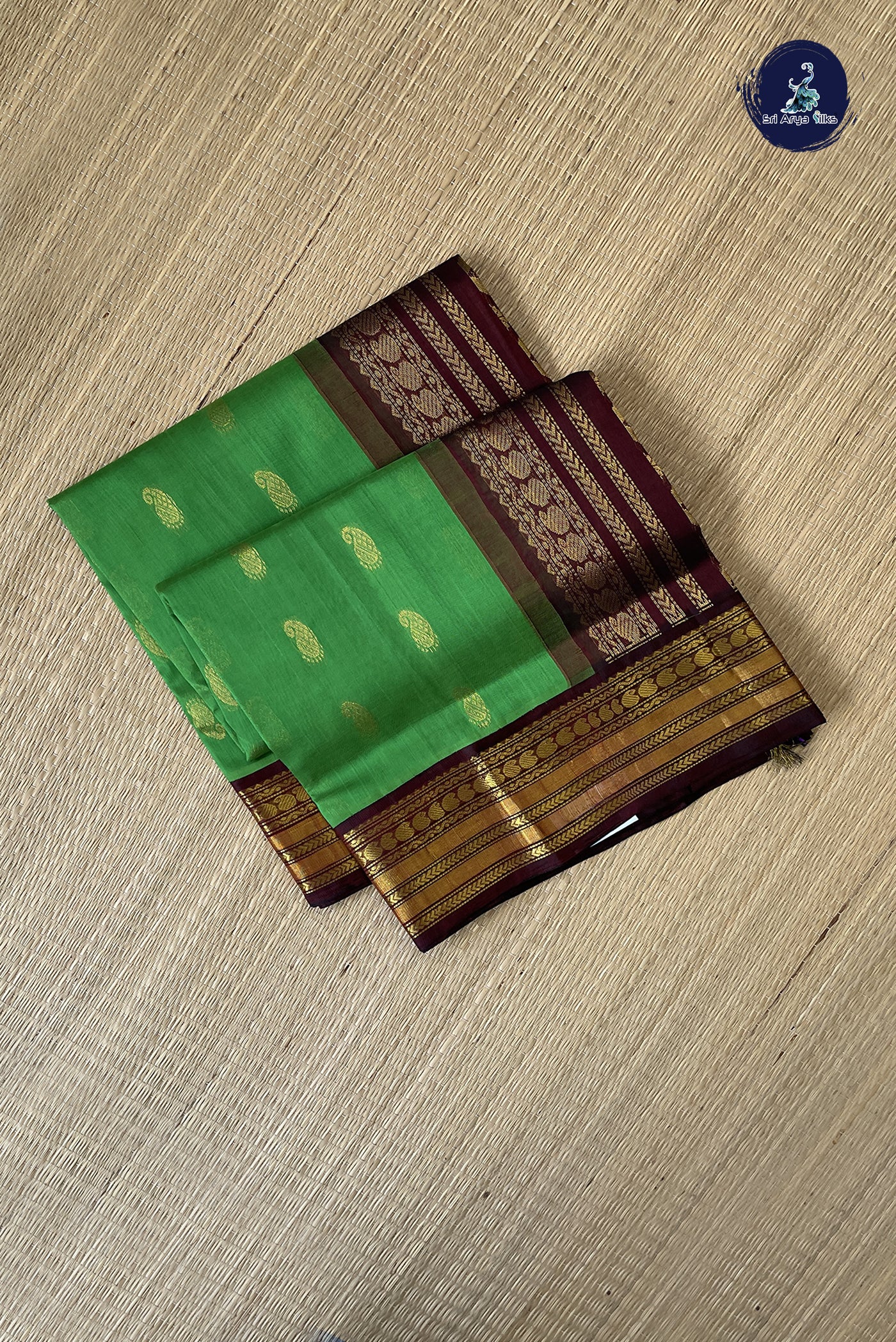 Green Korvai Silk Cotton Saree With Zari Buttas Pattern