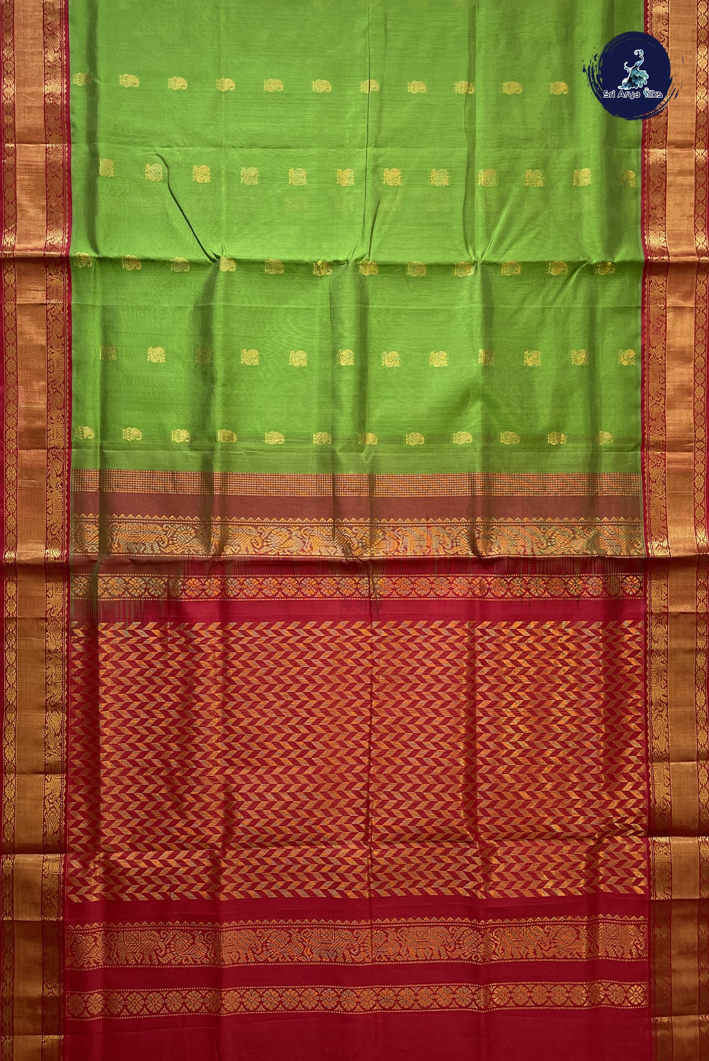 Light Green Korvai Silk Cotton Saree With Zari Buttas Pattern