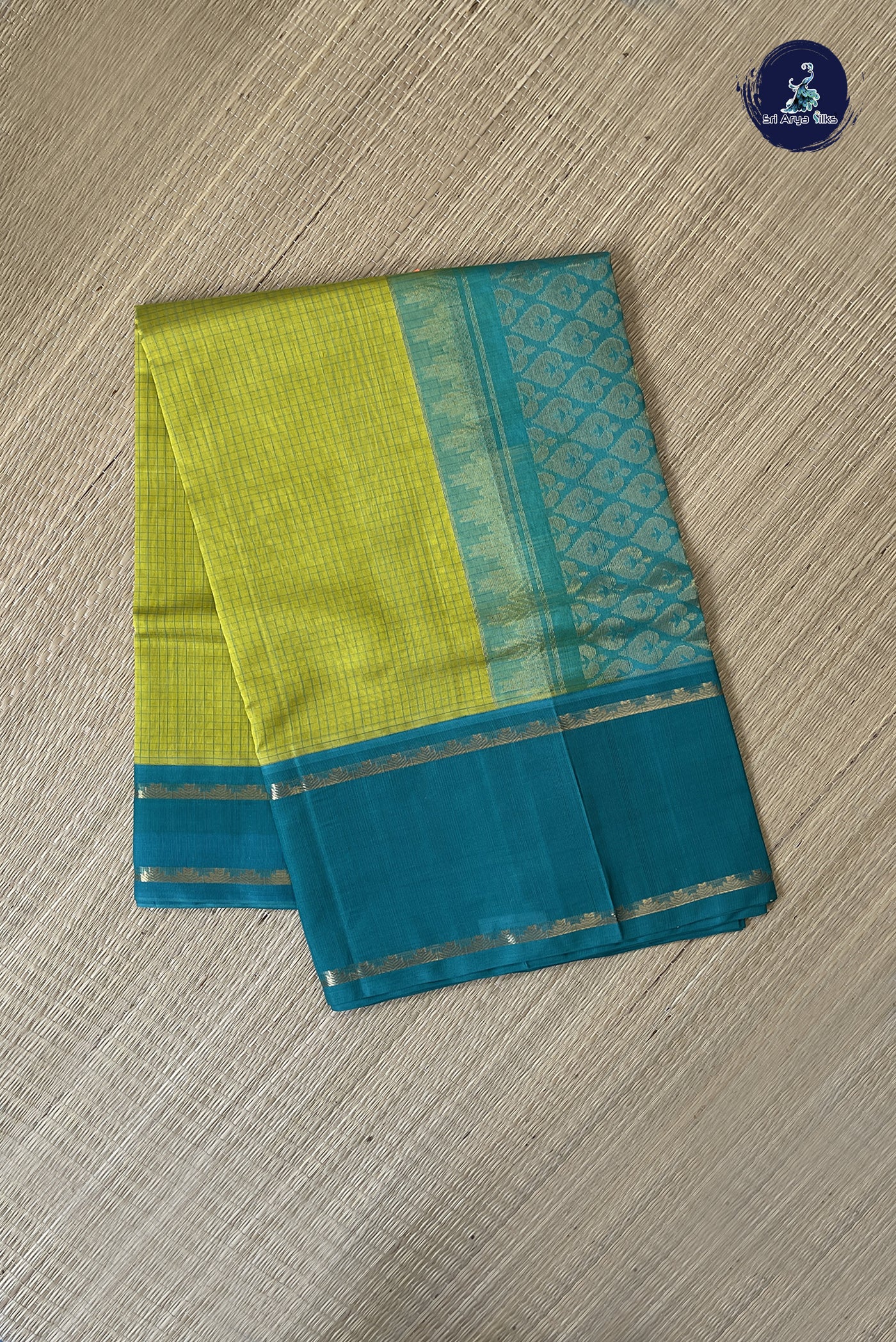 Lemon Yellow Korvai Silk Cotton Saree With Checked Pattern