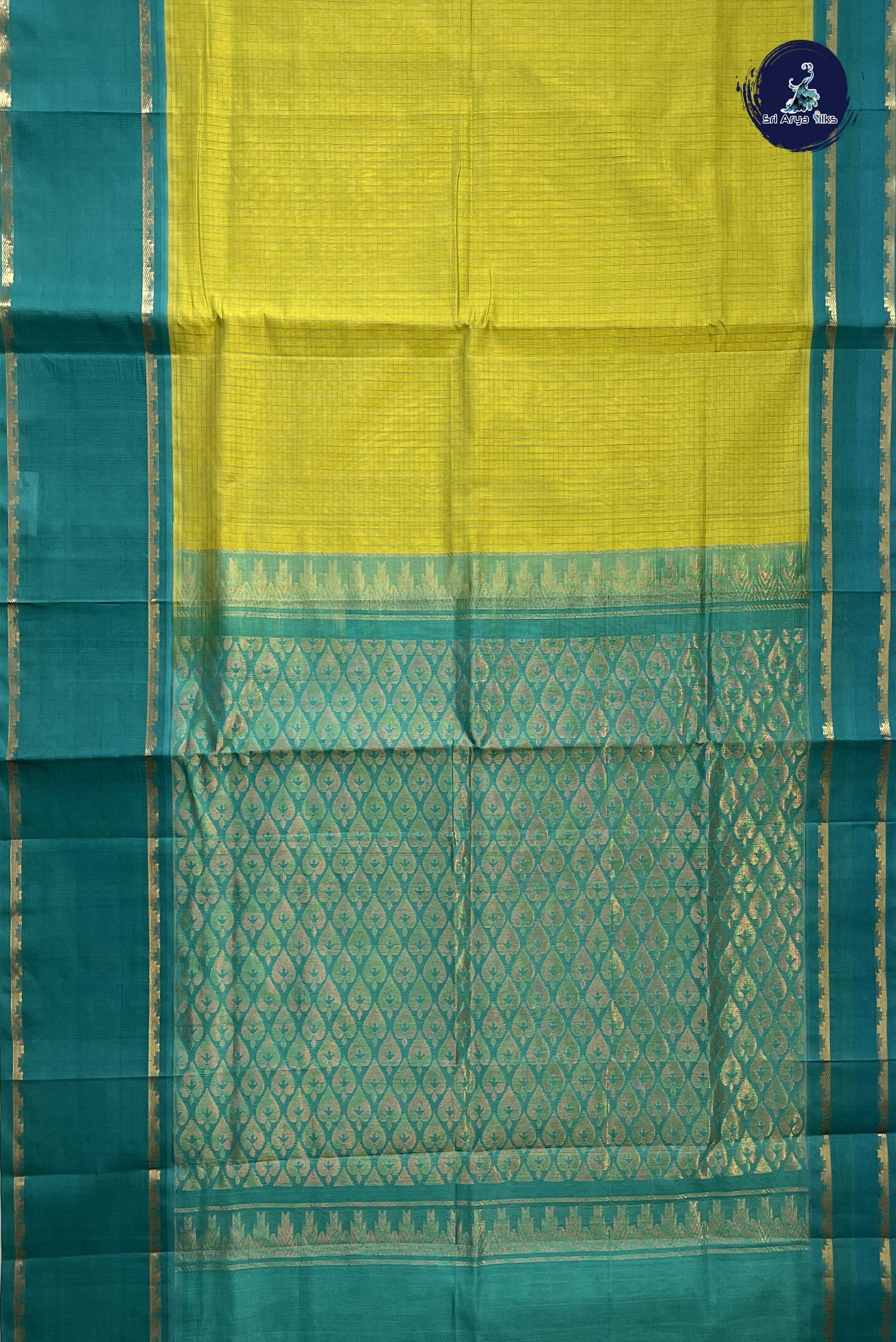 Lemon Yellow Korvai Silk Cotton Saree With Checked Pattern