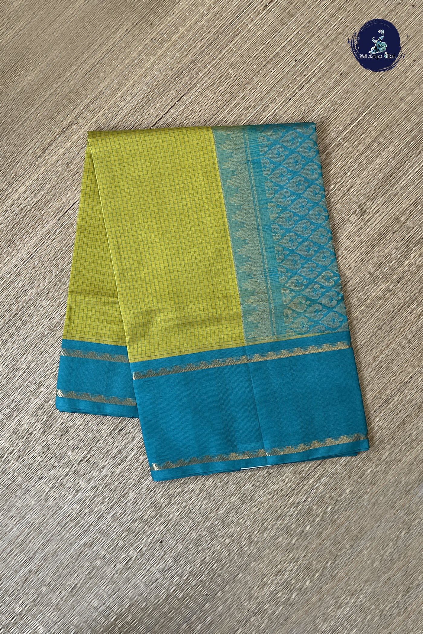 Lemon Yellow Korvai Silk Cotton Saree With Checked Pattern