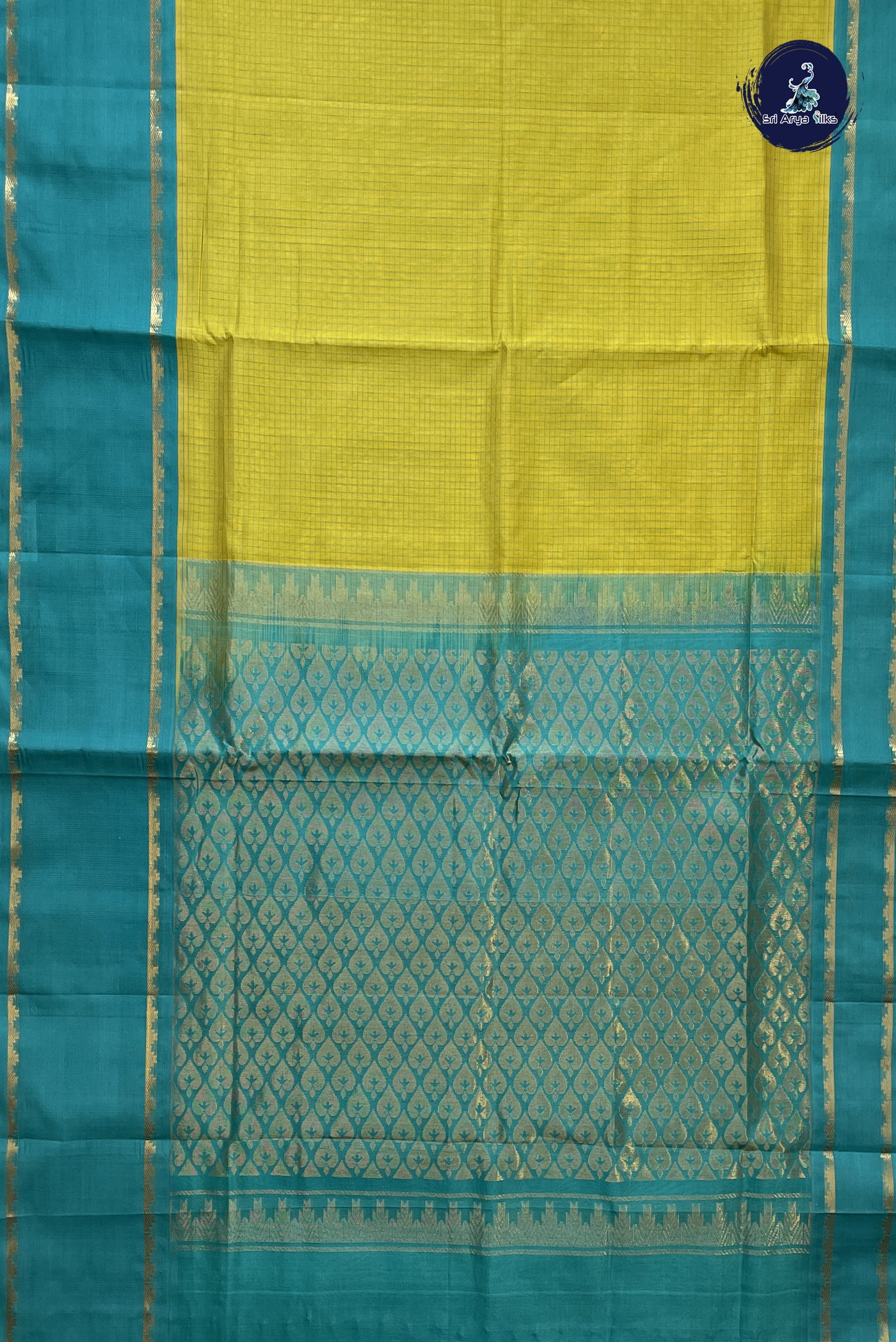 Lemon Yellow Korvai Silk Cotton Saree With Checked Pattern