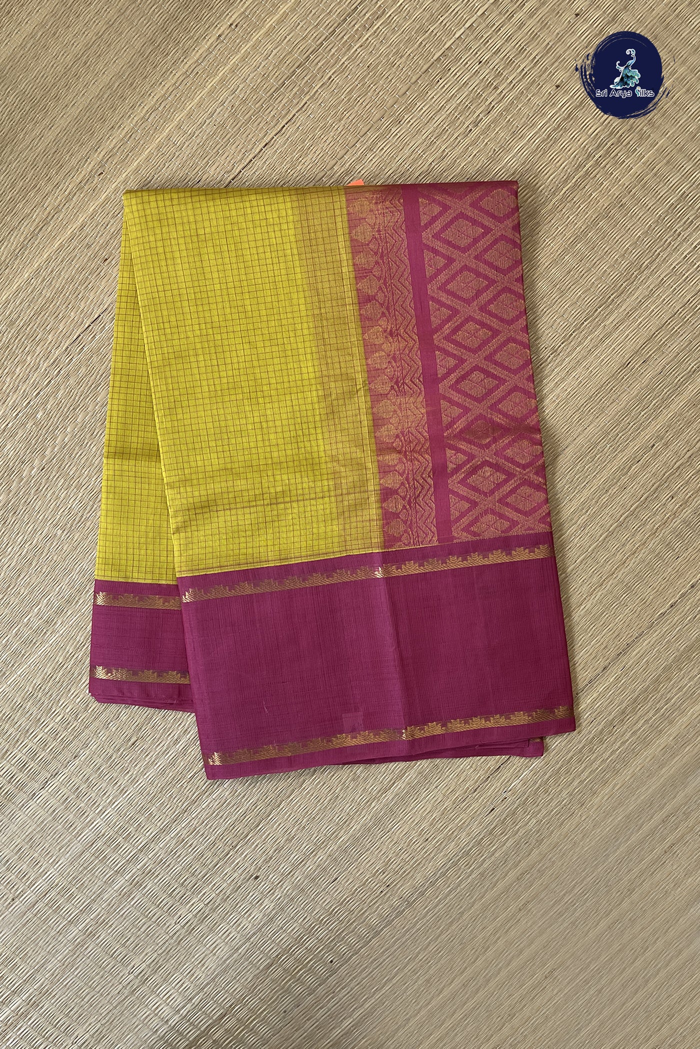 Yellow Korvai Silk Cotton Saree With Checked Pattern