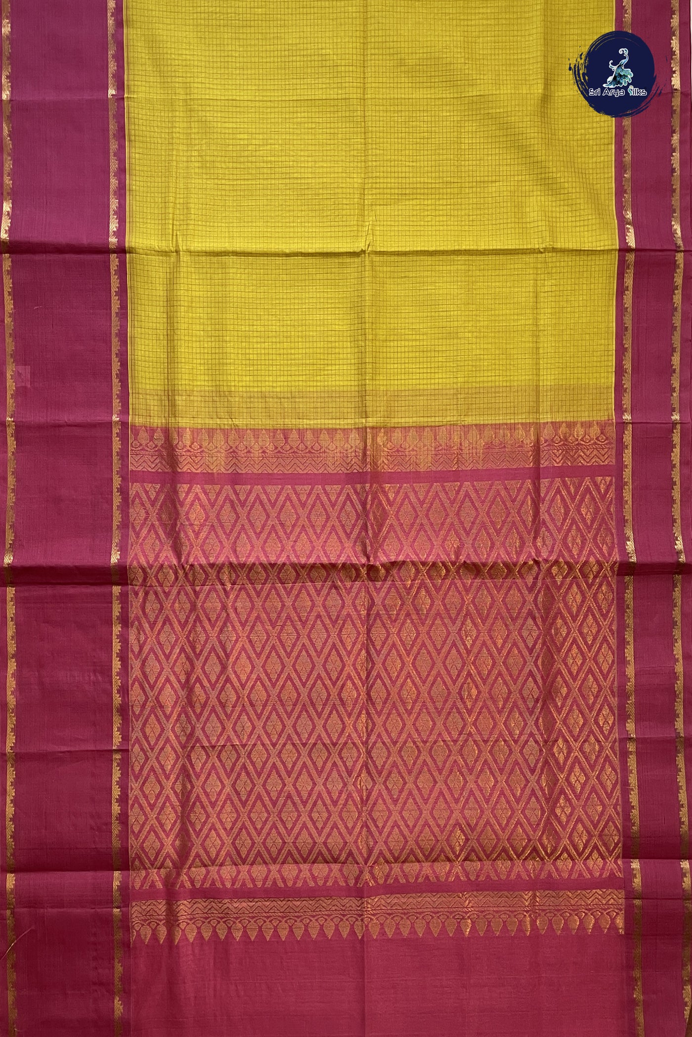 Yellow Korvai Silk Cotton Saree With Checked Pattern