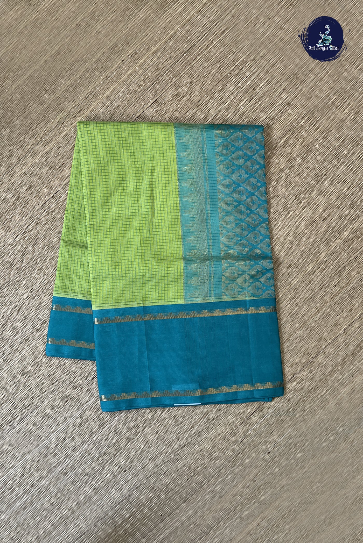 Lime Green Korvai Silk Cotton Saree With Checked Pattern