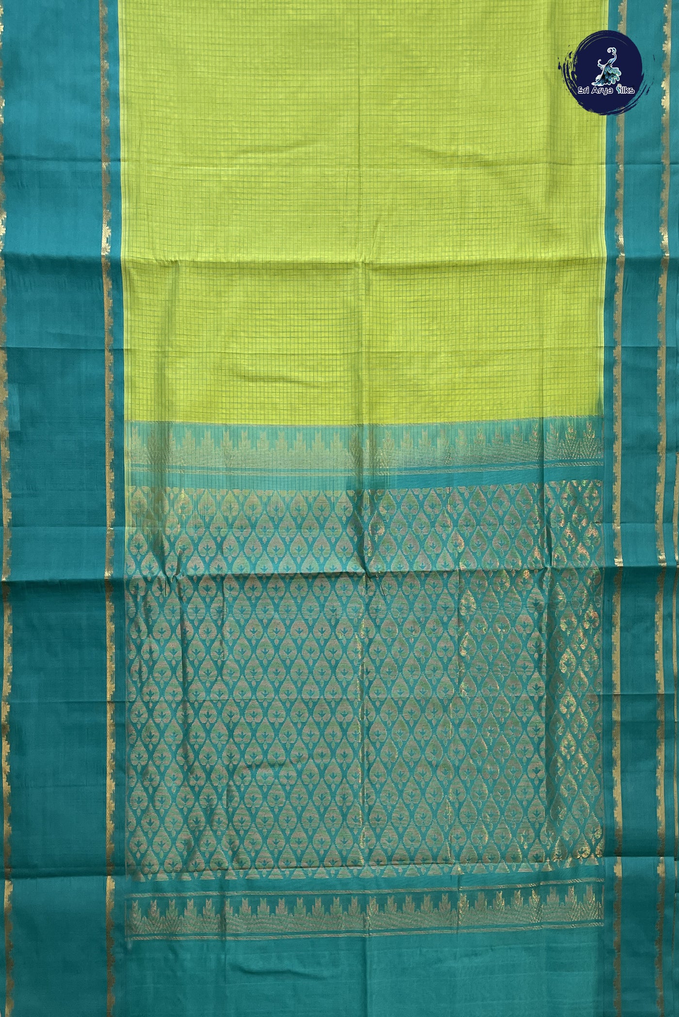 Lime Green Korvai Silk Cotton Saree With Checked Pattern