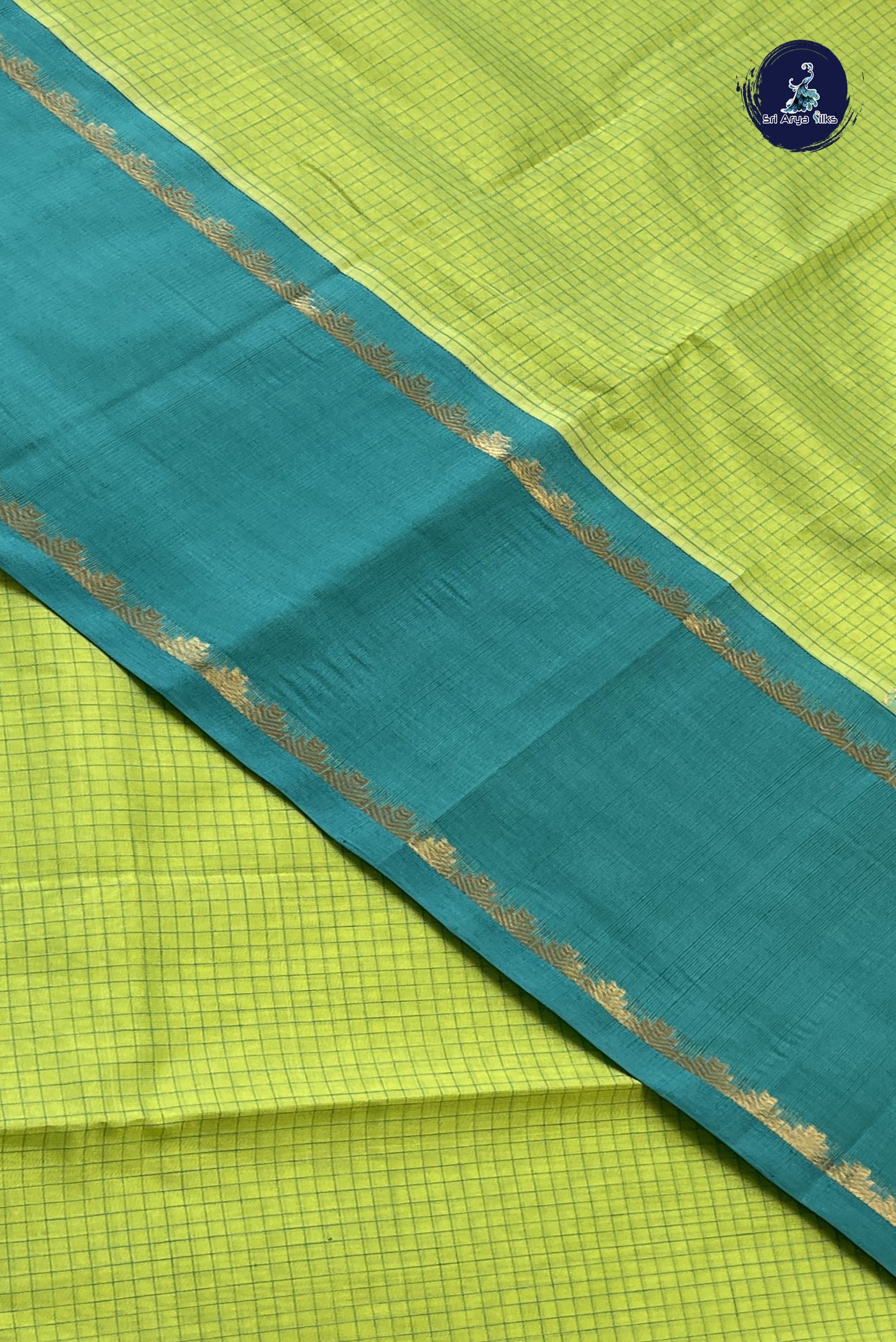 Lime Green Korvai Silk Cotton Saree With Checked Pattern