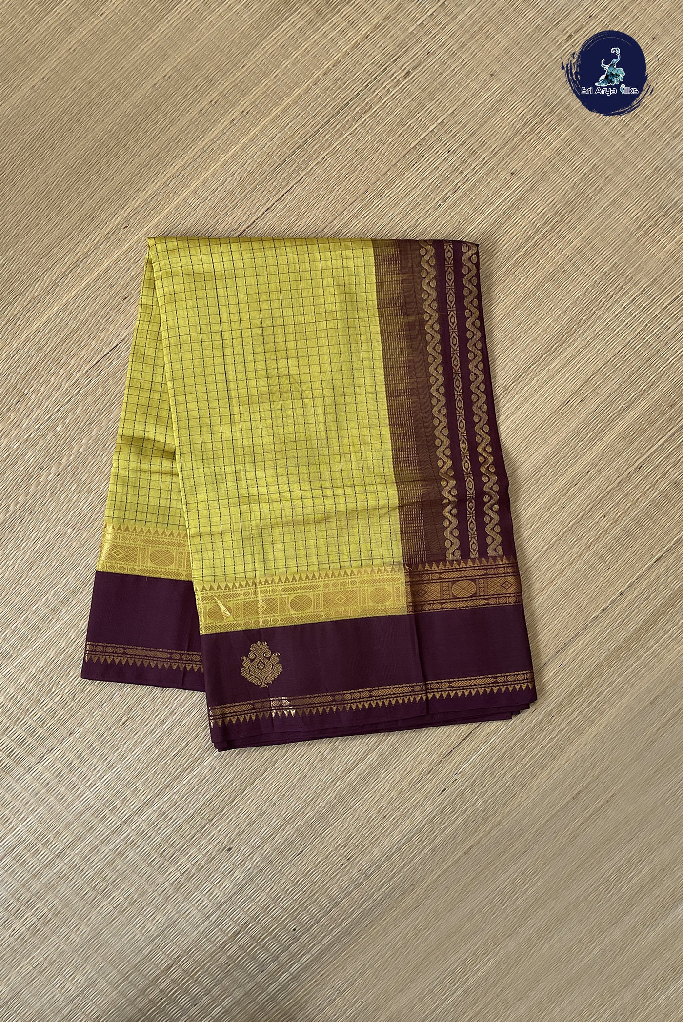 Lemon Yellow Korvai Silk Cotton Saree With Checked Pattern