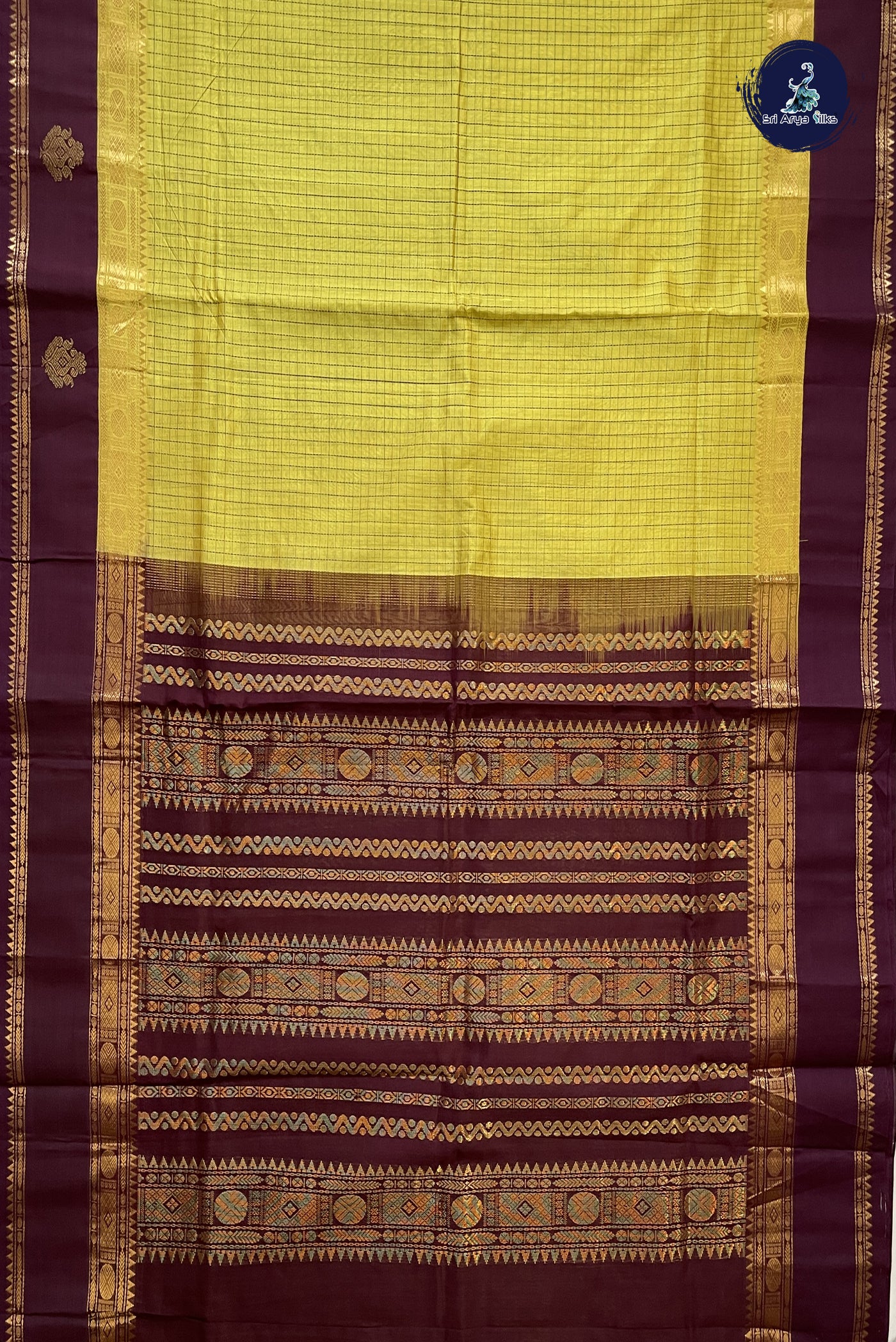 Lemon Yellow Korvai Silk Cotton Saree With Checked Pattern