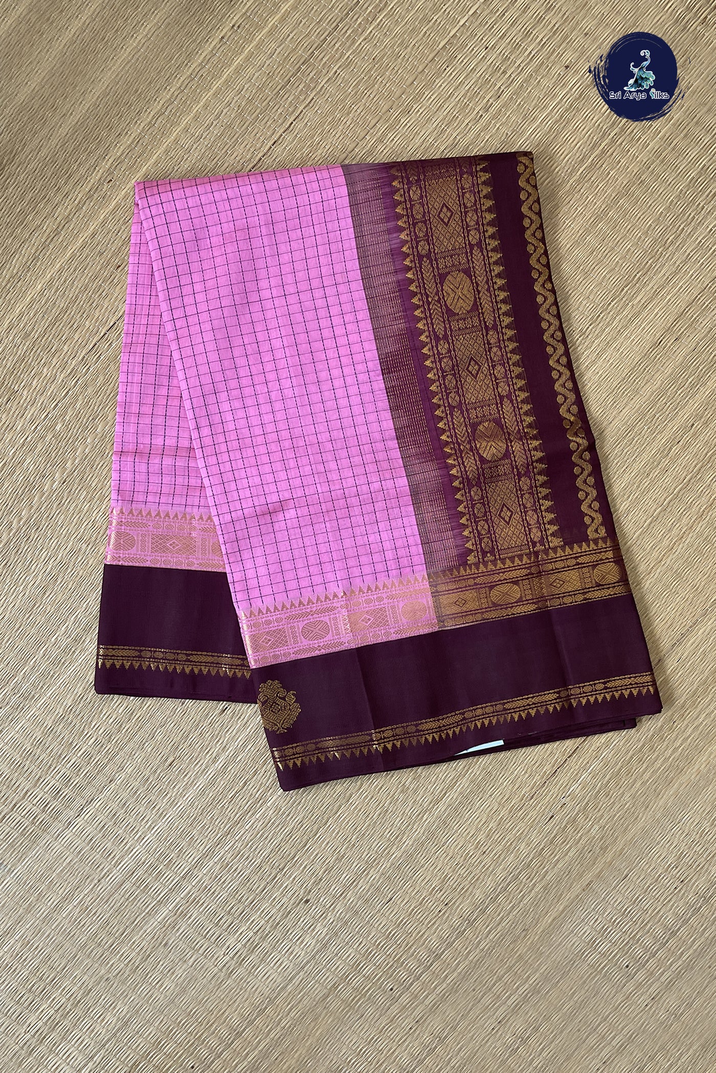 Baby Pink Korvai Silk Cotton Saree With Checked Pattern