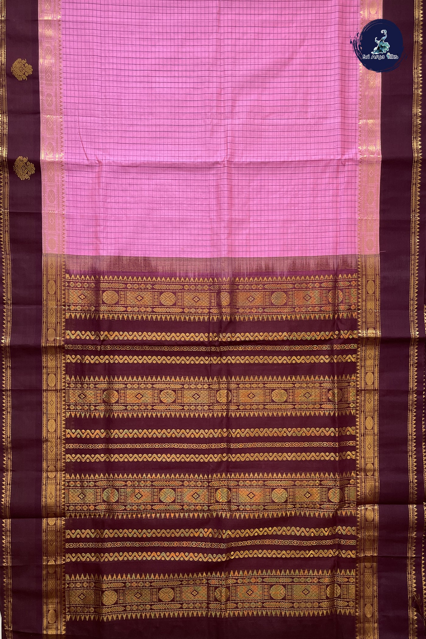 Baby Pink Korvai Silk Cotton Saree With Checked Pattern