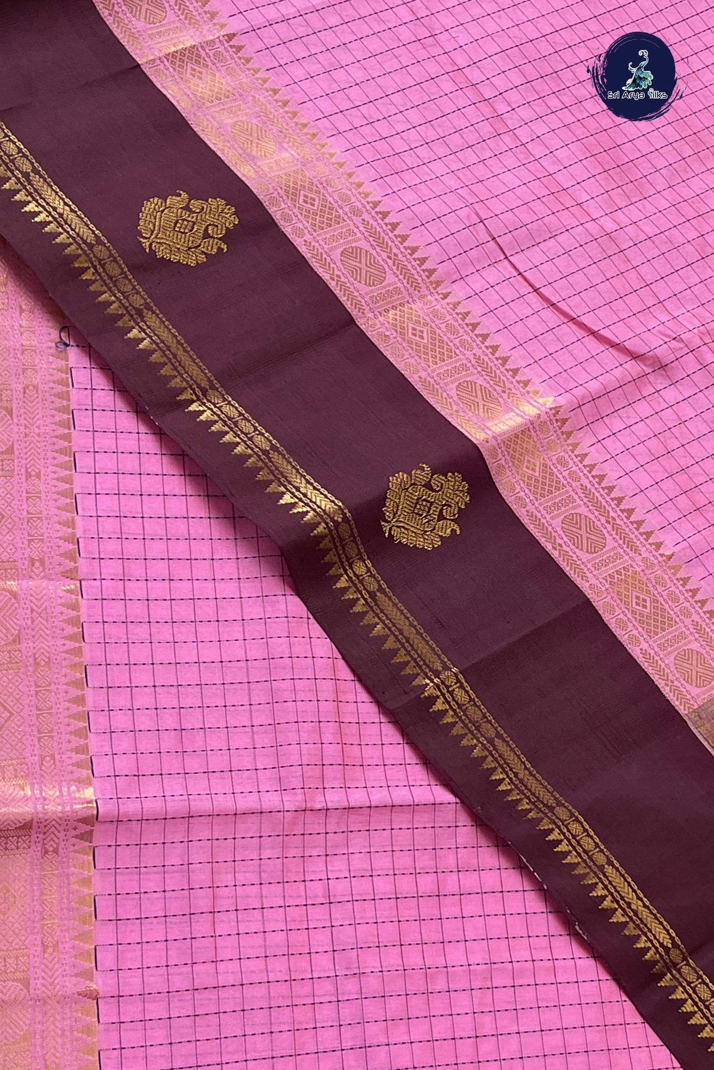 Baby Pink Korvai Silk Cotton Saree With Checked Pattern