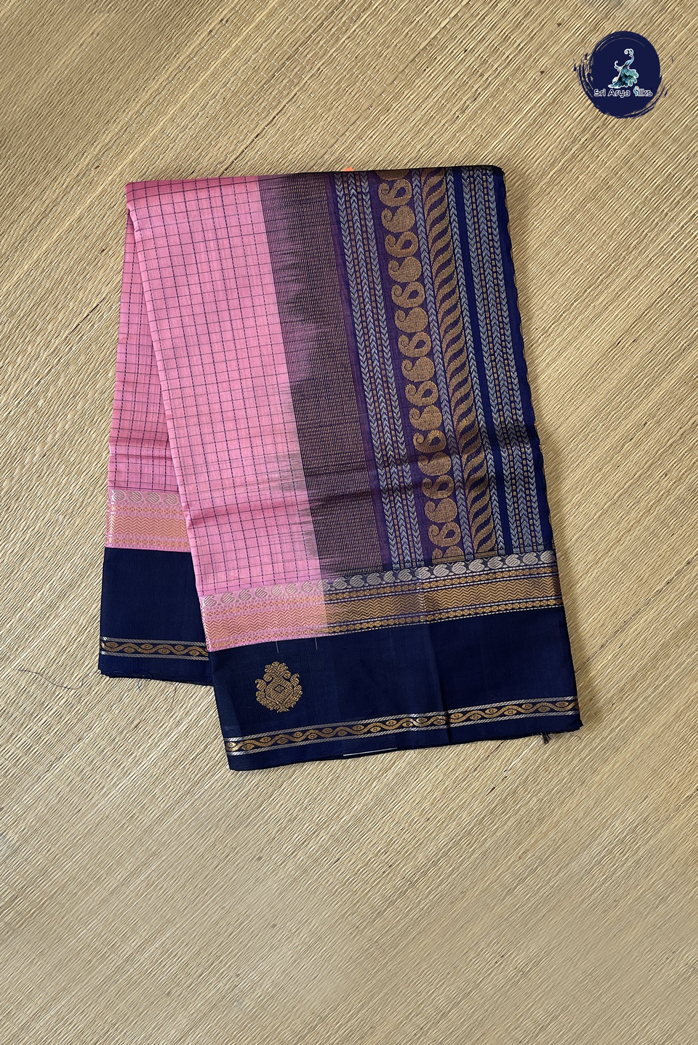 Pink Korvai Silk Cotton Saree With Checked Pattern