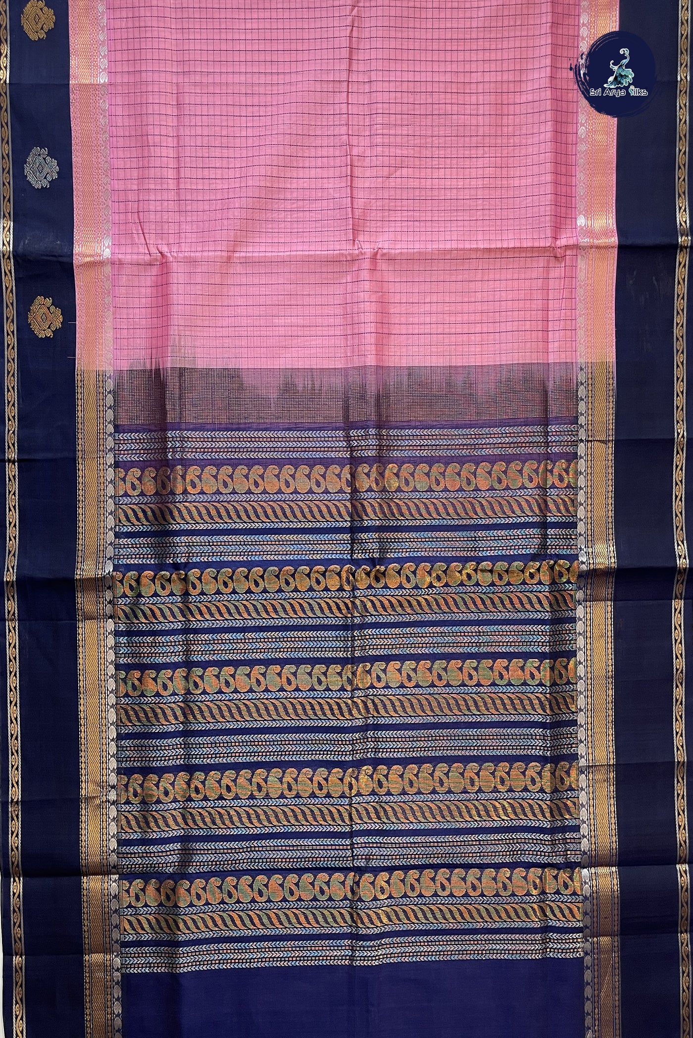 Pink Korvai Silk Cotton Saree With Checked Pattern