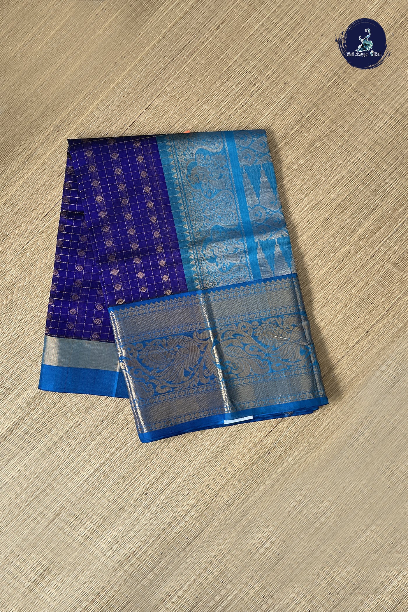 Violet Korvai Silk Cotton Saree With Zari Checked Pattern