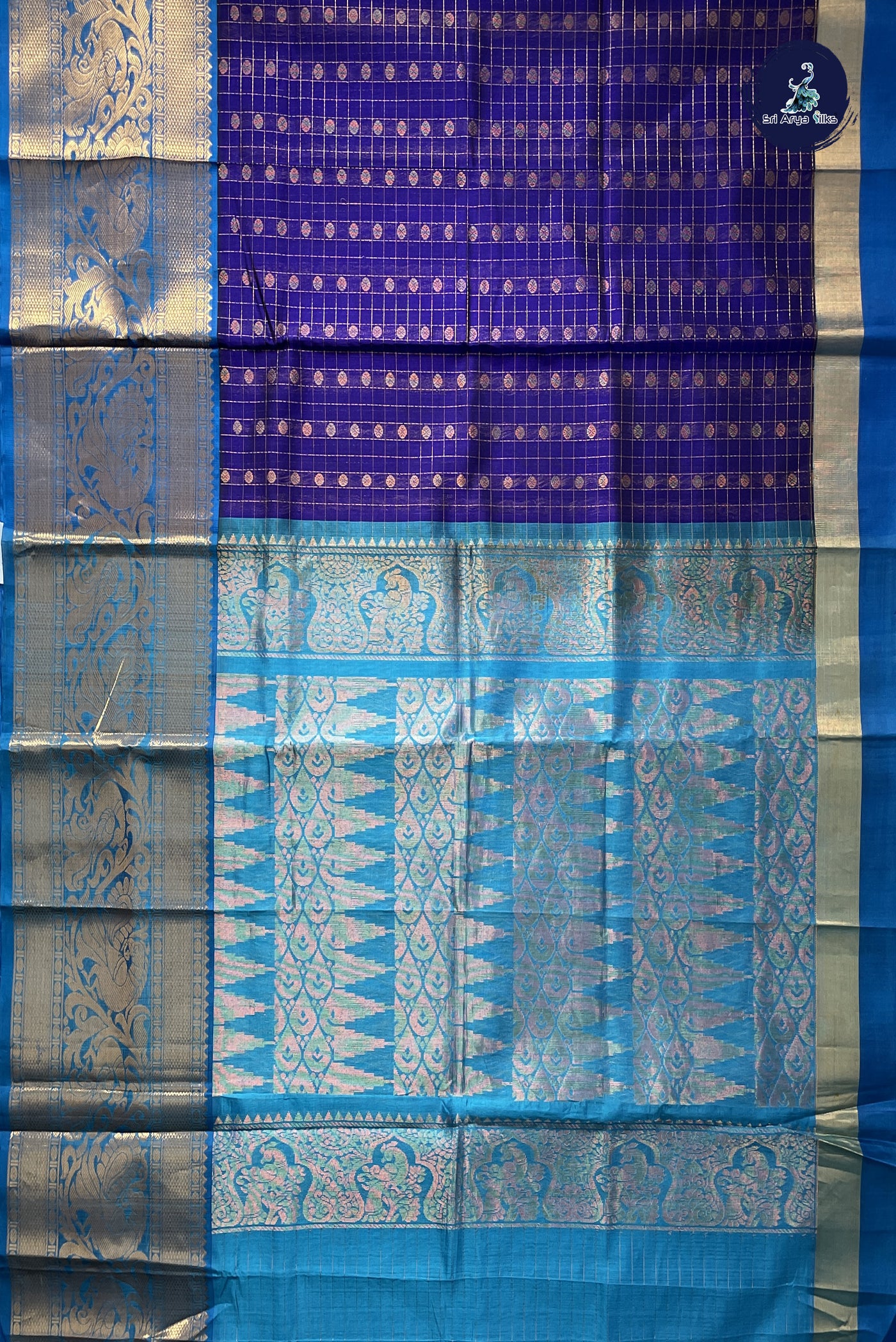 Violet Korvai Silk Cotton Saree With Zari Checked Pattern