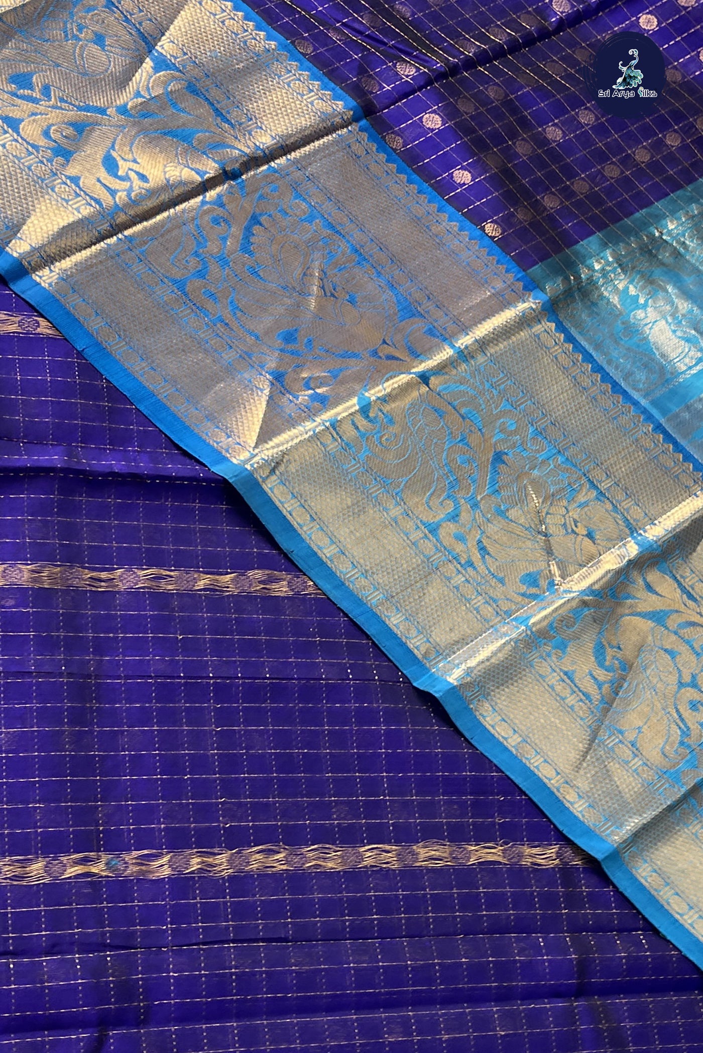 Violet Korvai Silk Cotton Saree With Zari Checked Pattern