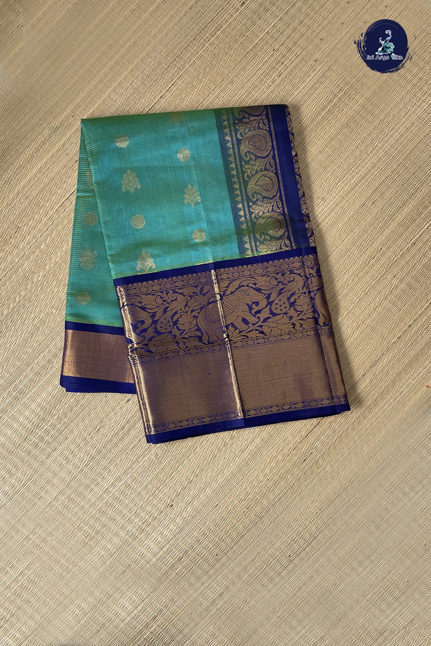 Turquoise Korvai Silk Cotton Saree With Stripes Pattern