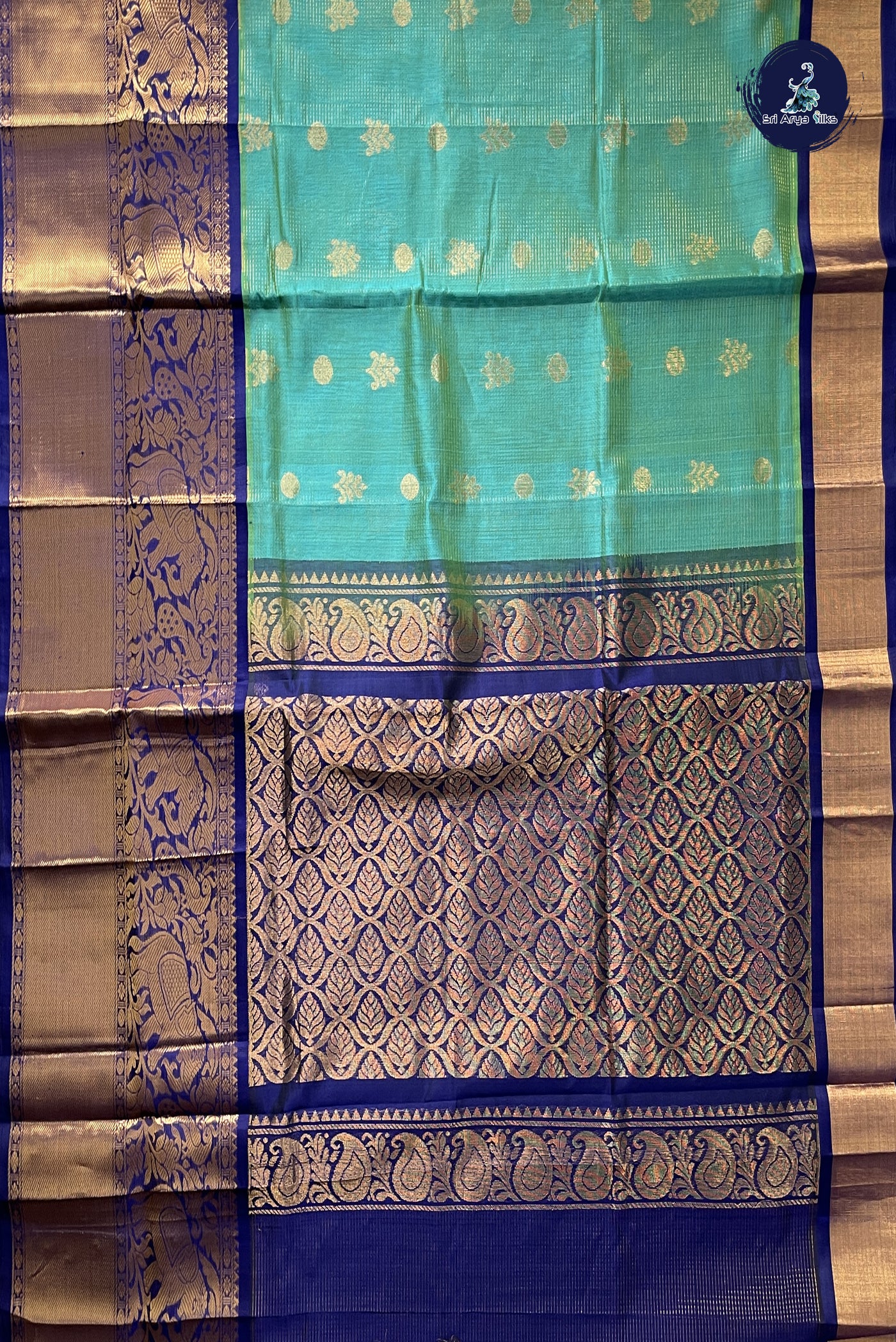 Turquoise Korvai Silk Cotton Saree With Stripes Pattern