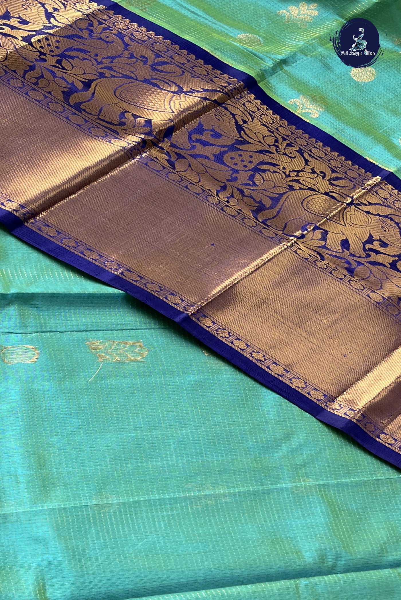 Turquoise Korvai Silk Cotton Saree With Stripes Pattern