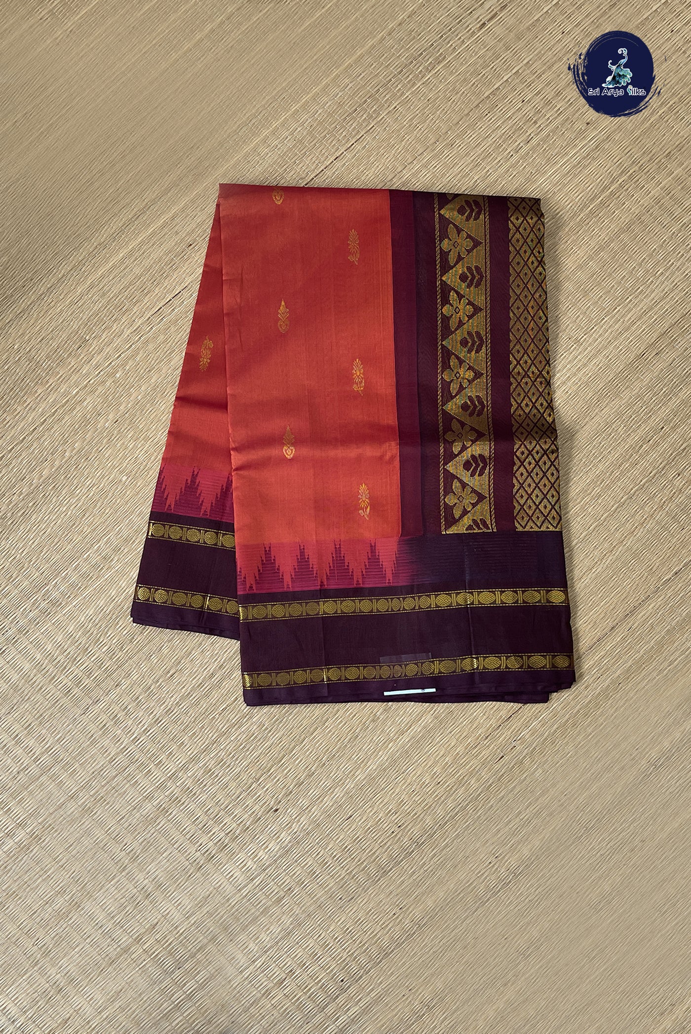 Rust Korvai Silk Cotton Saree With Zari Buttas Pattern