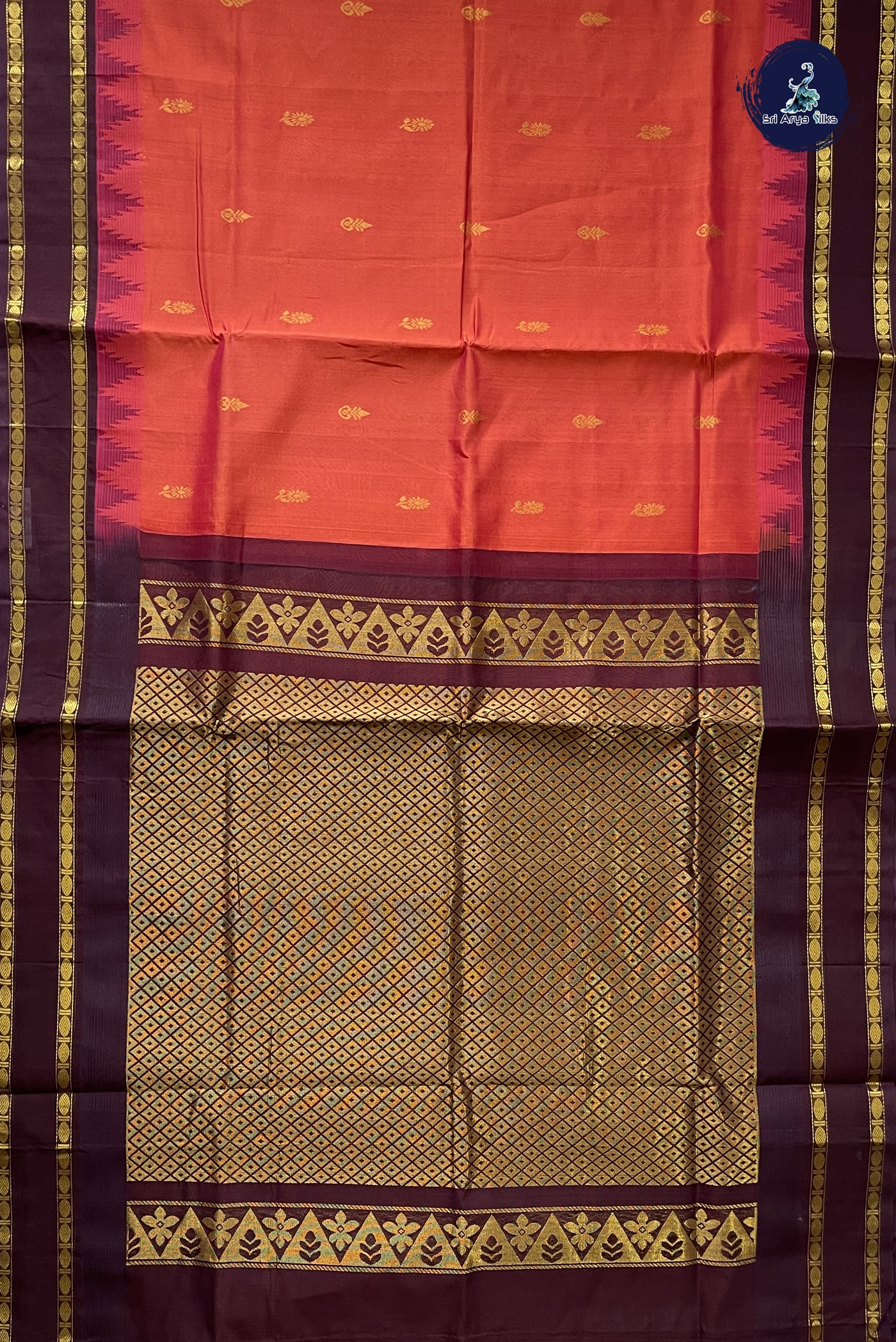 Rust Korvai Silk Cotton Saree With Zari Buttas Pattern