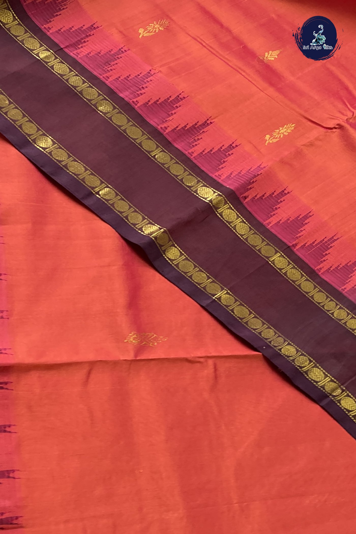 Rust Korvai Silk Cotton Saree With Zari Buttas Pattern