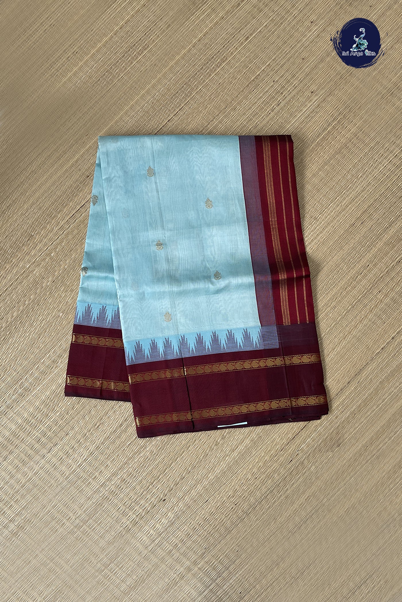 Light Blue Korvai Silk Cotton Saree With Zari Buttas Pattern