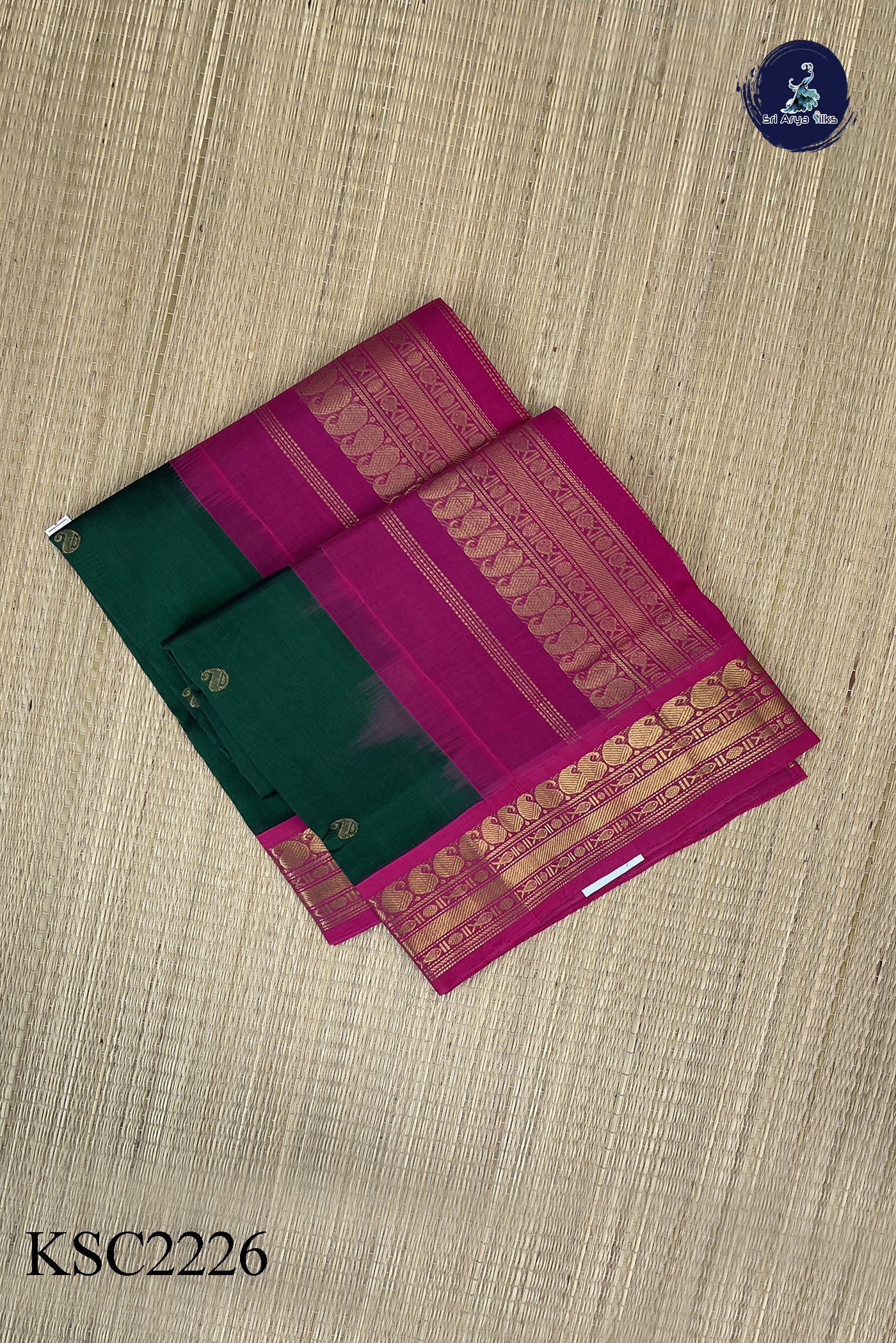 Dark Green Korvai Silk Cotton Saree With Zari Buttas Pattern