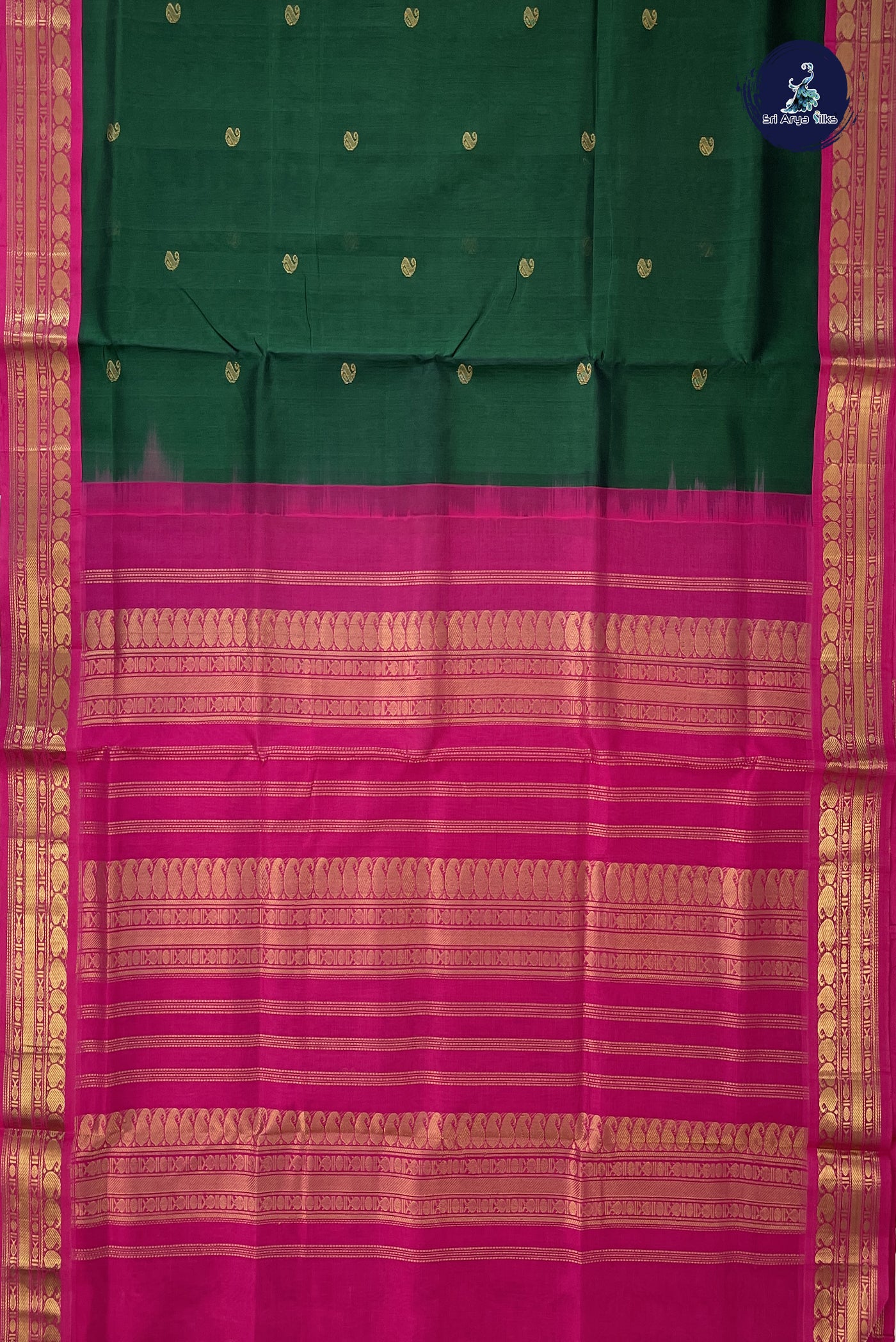 Dark Green Korvai Silk Cotton Saree With Zari Buttas Pattern