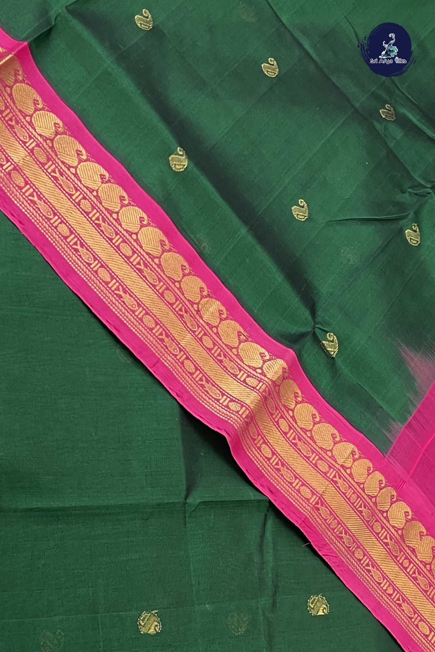 Dark Green Korvai Silk Cotton Saree With Zari Buttas Pattern